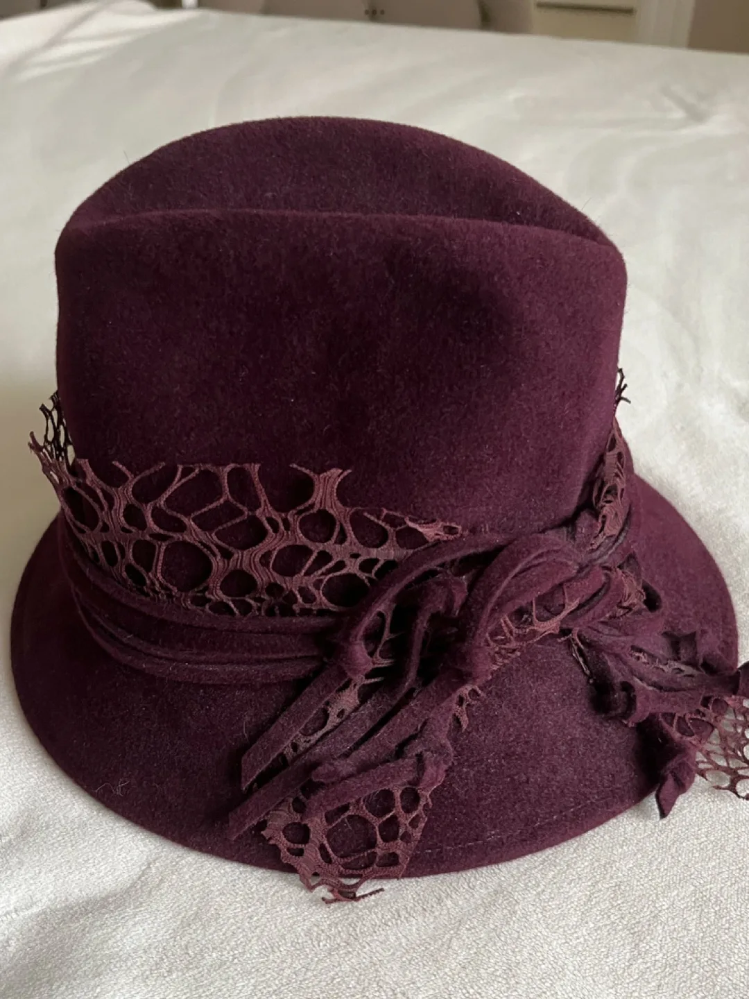 Burgundy Felt Cloche Hat with Lace Detail thumbnail