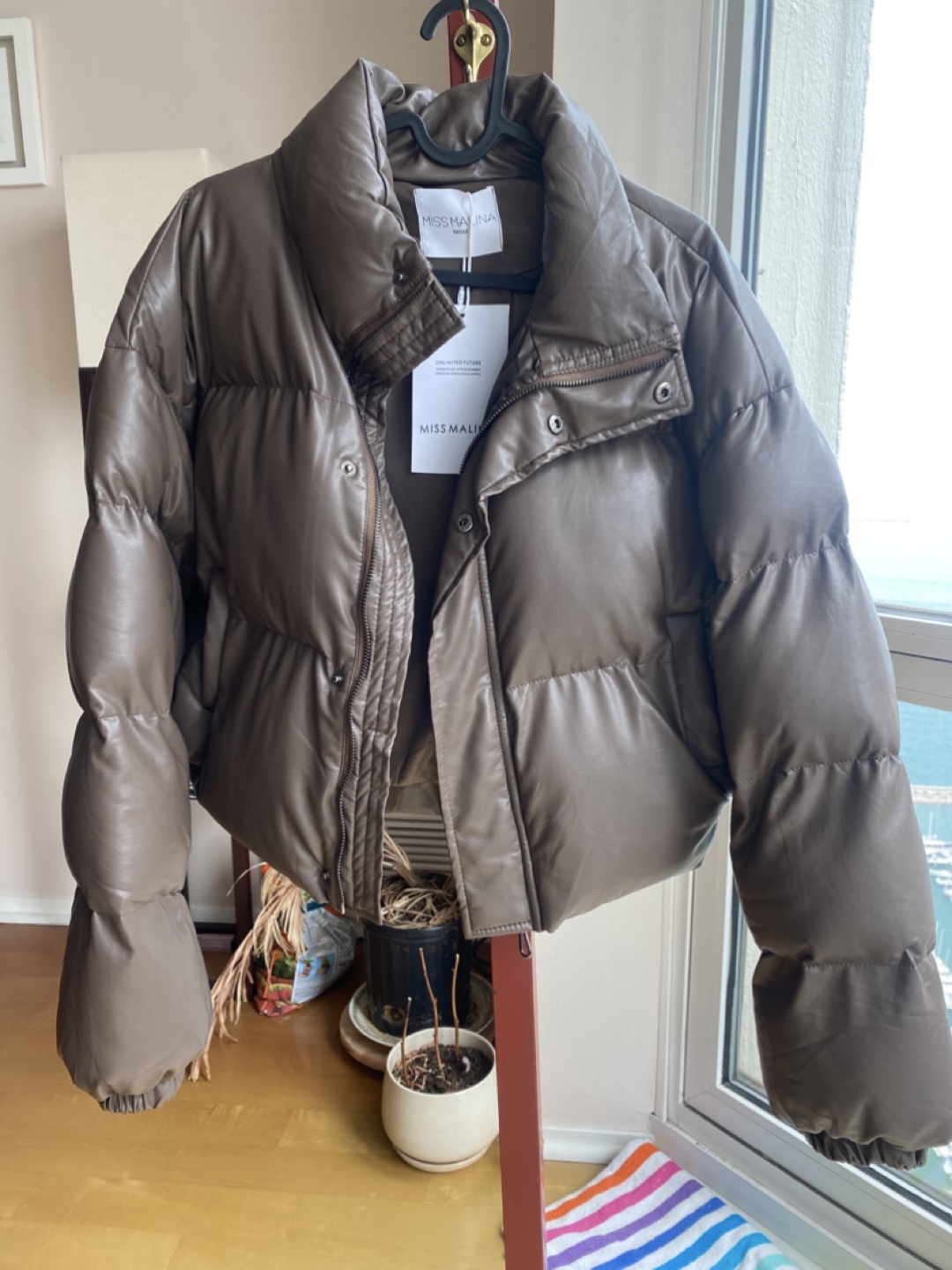 Faux Brown leather cropped Puffer Jacket from South Korea
