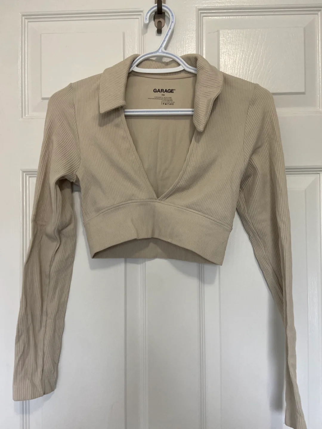 Beige Ribbed Collared Crop Top thumbnail