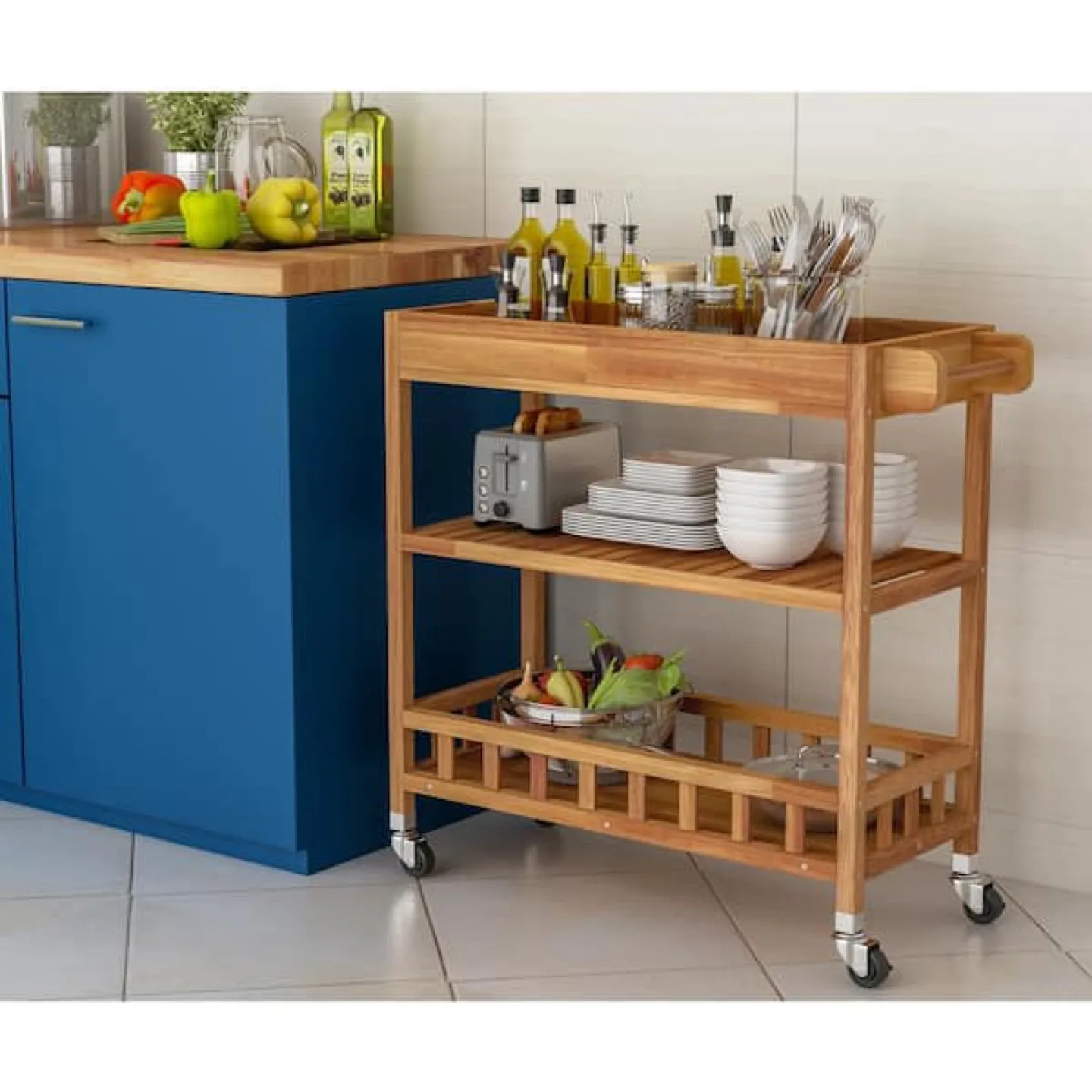 3 Tier Large Solid Acacia Kitchen Cart, Golden Teak image indicator(4)