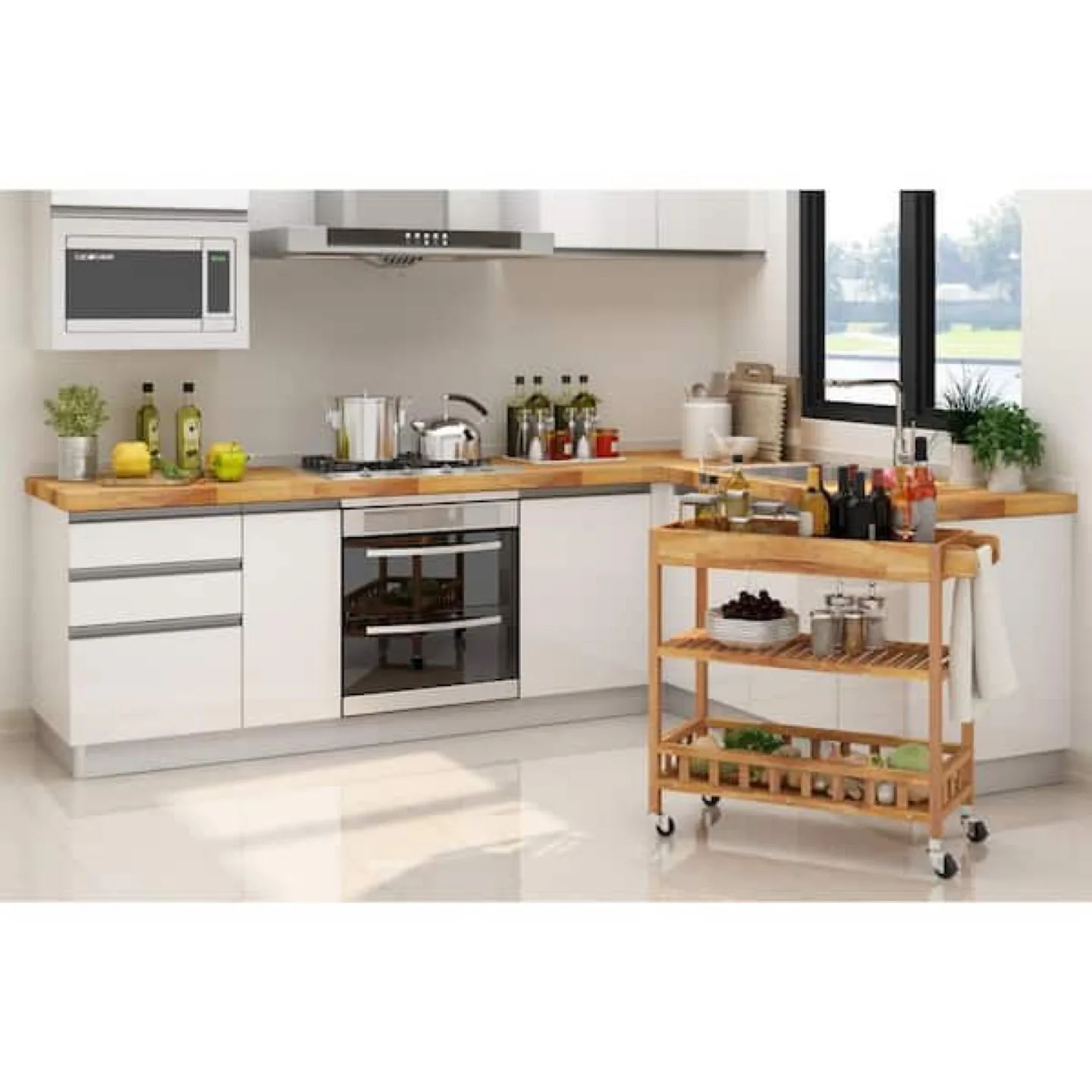 3 Tier Large Solid Acacia Kitchen Cart, Golden Teak image indicator(6)