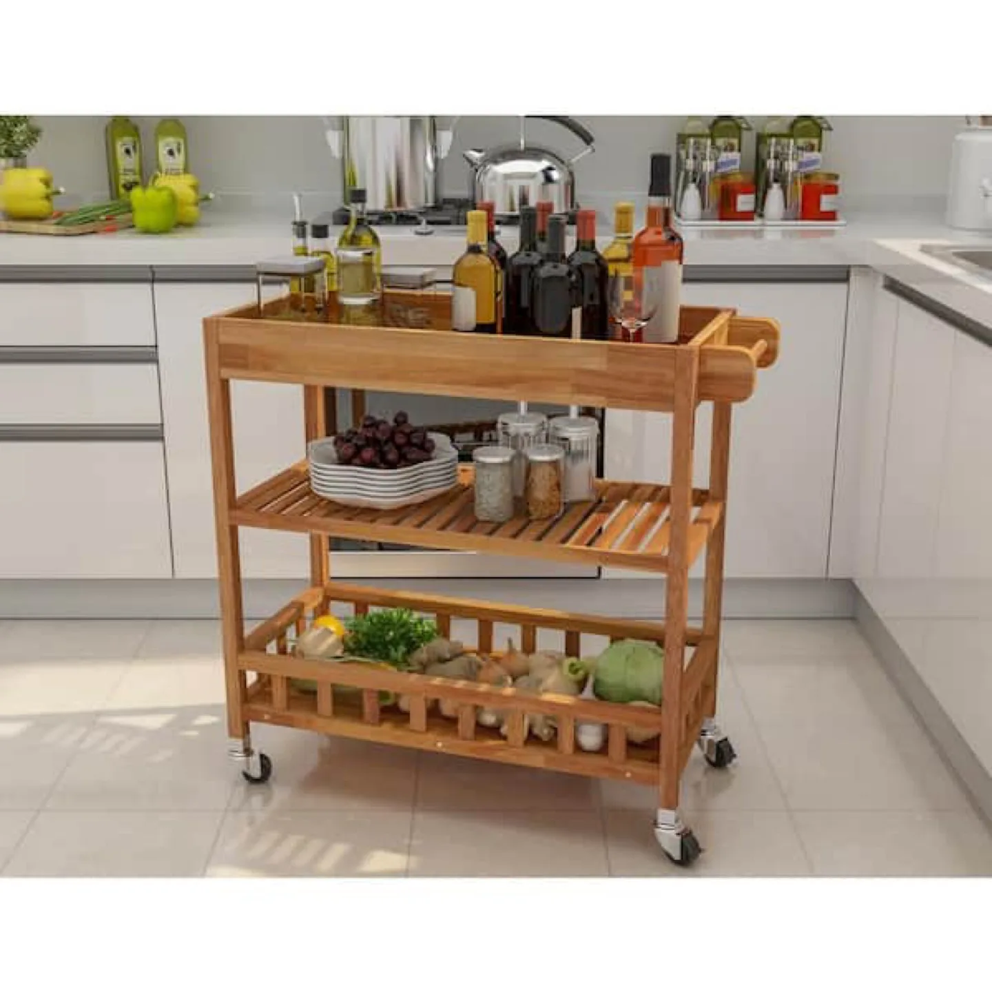 3 Tier Large Solid Acacia Kitchen Cart, Golden Teak image indicator(3)