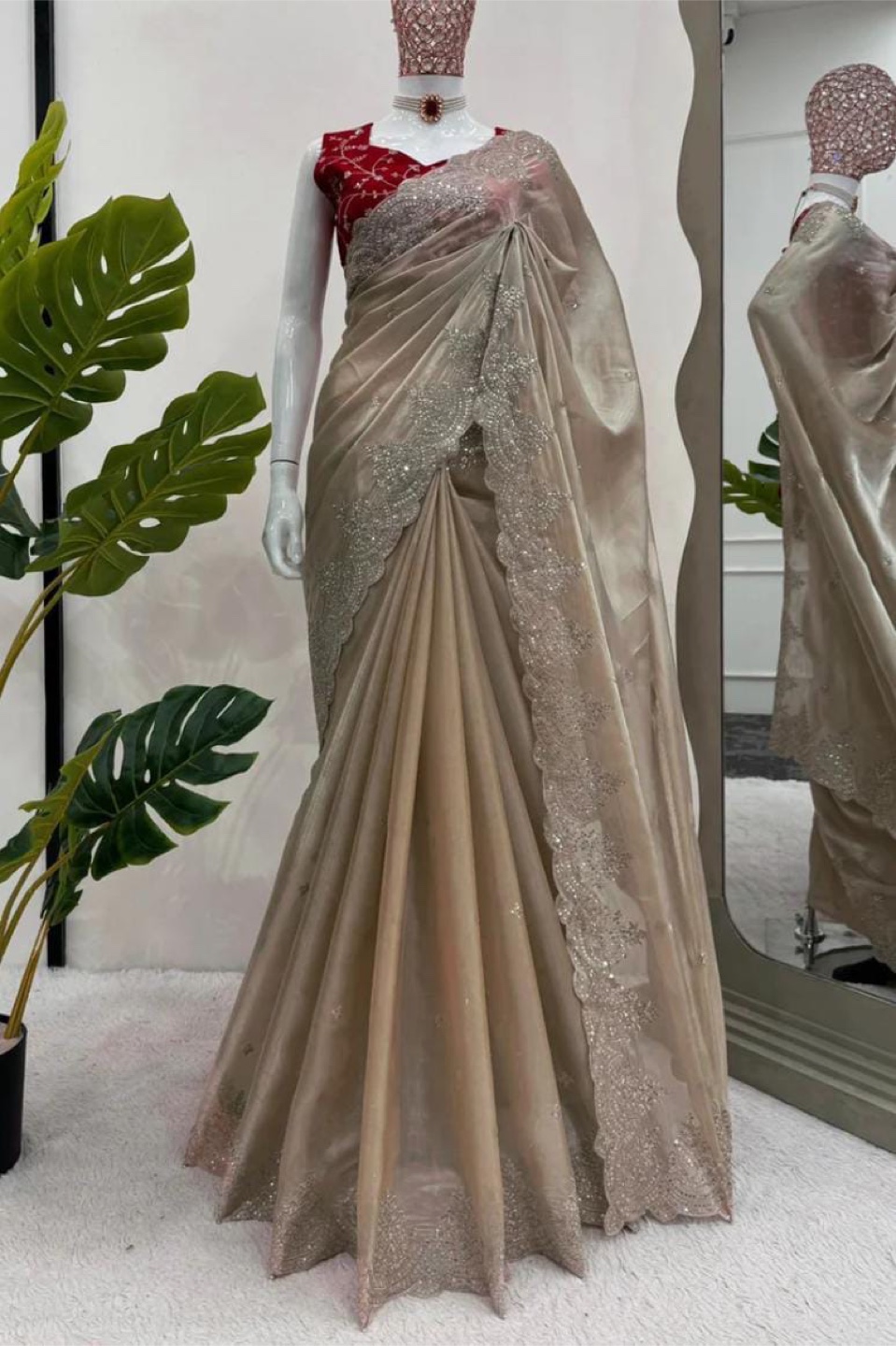Beige Saree with Red Blouse