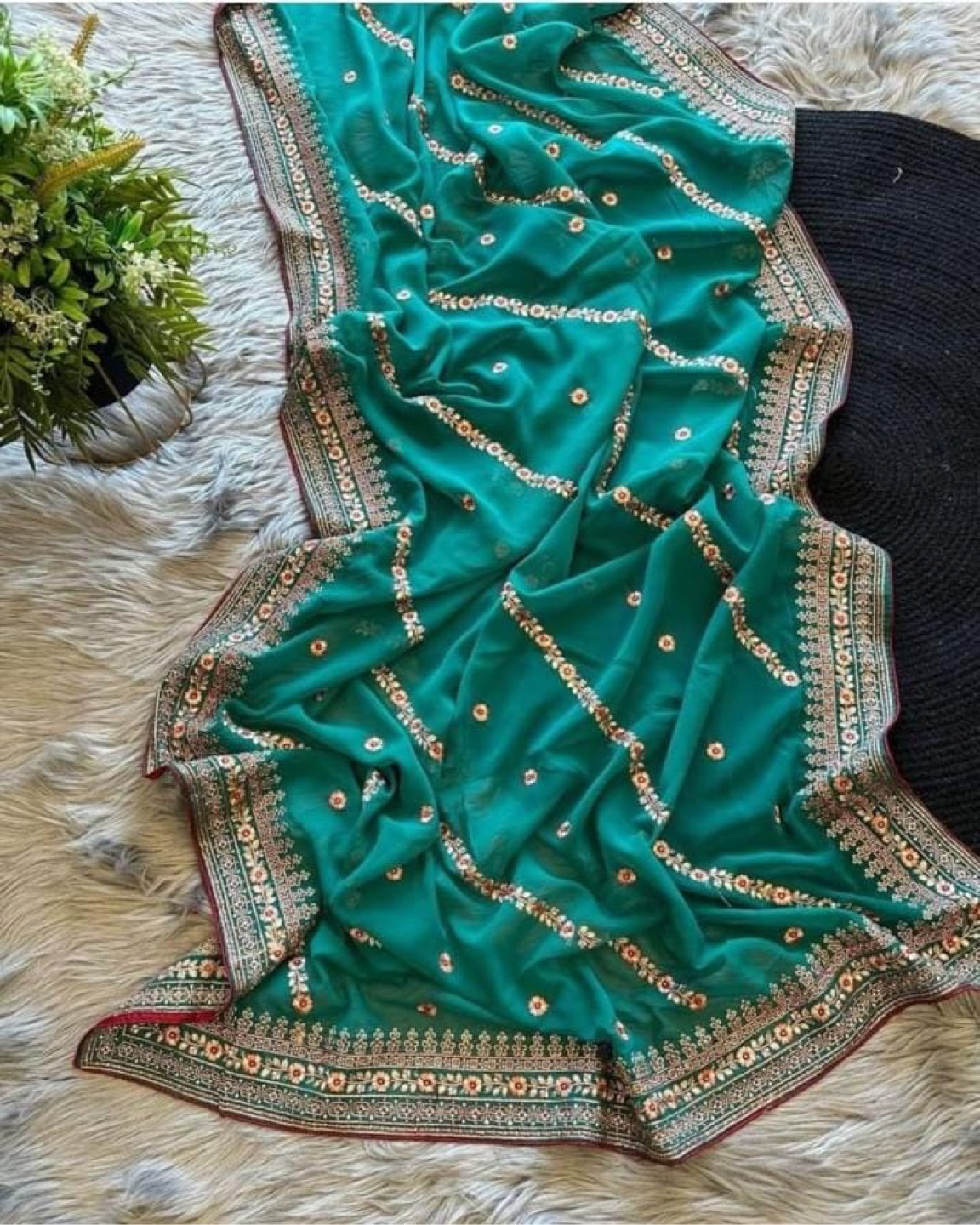 Emerald Green Saree with Floral Embroidery