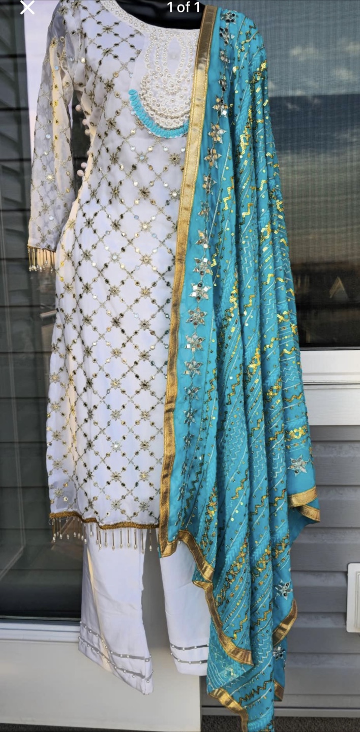 Embellished White suit With Teal Scarf