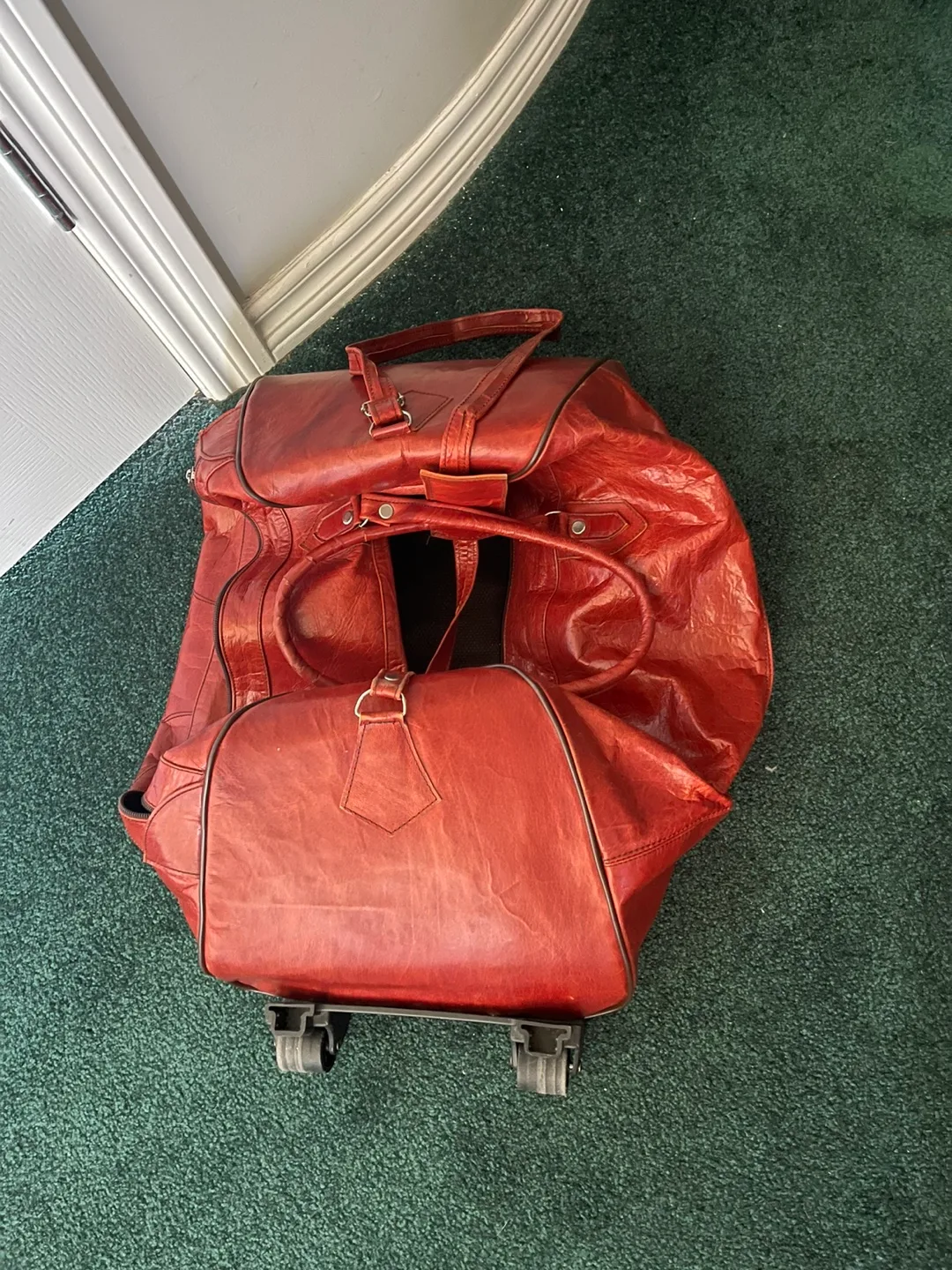 Vintage Brownish Red Leather Rolling Luggage, Carrying On thumbnail