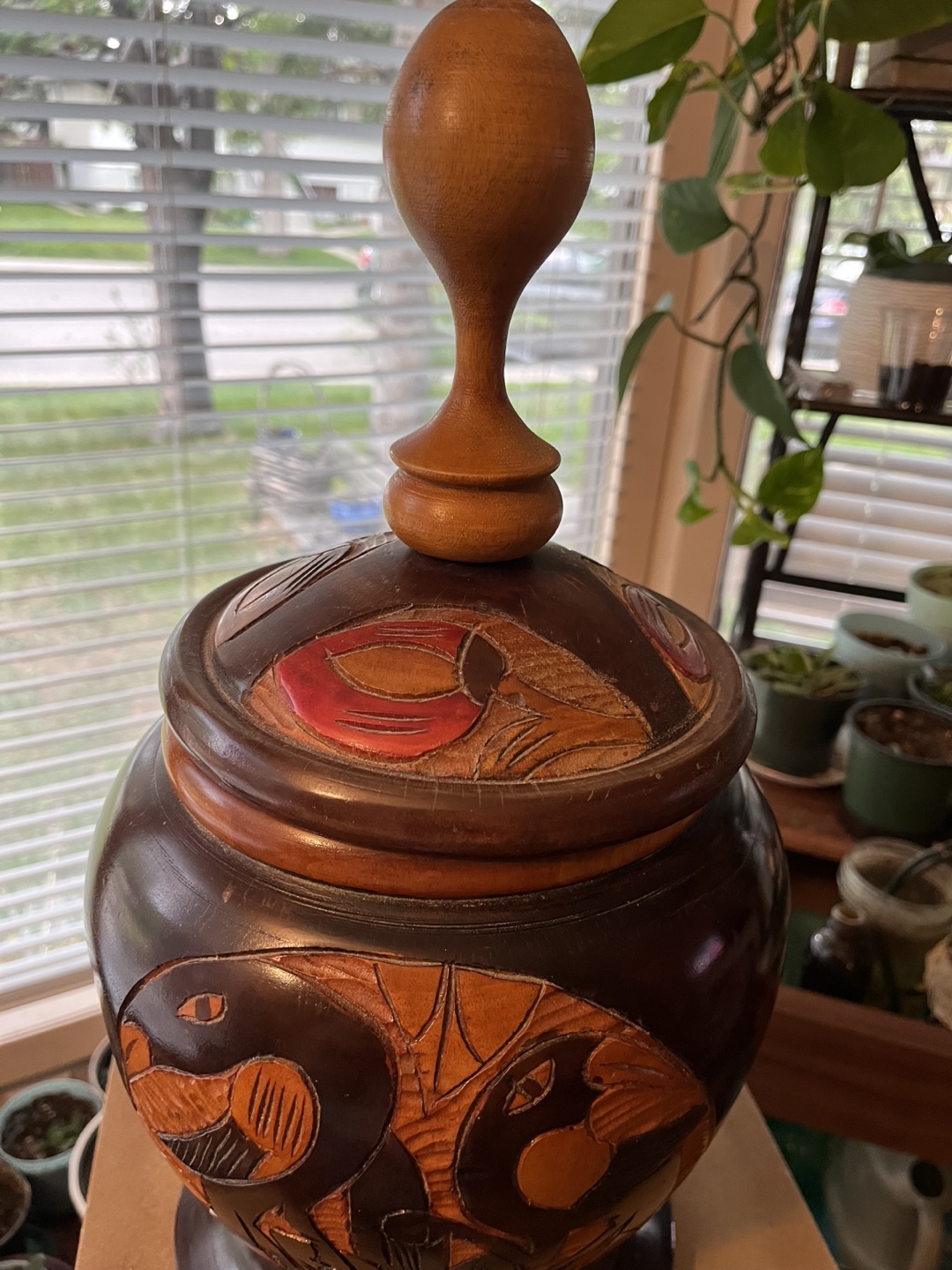 Art- African Hand Carved Wooden Vase with Lid - photo 4