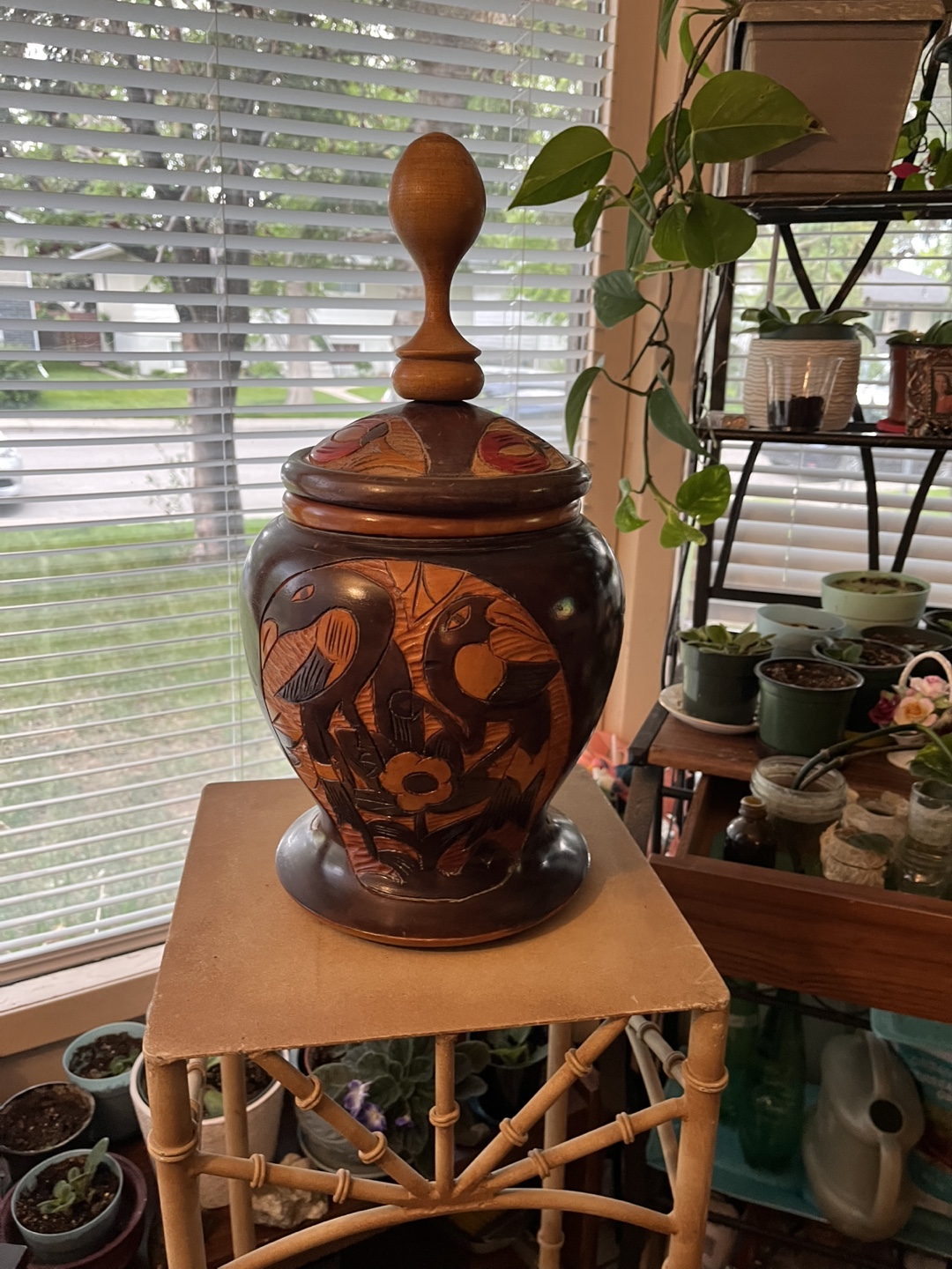 Art- African Hand Carved Wooden Vase with Lid