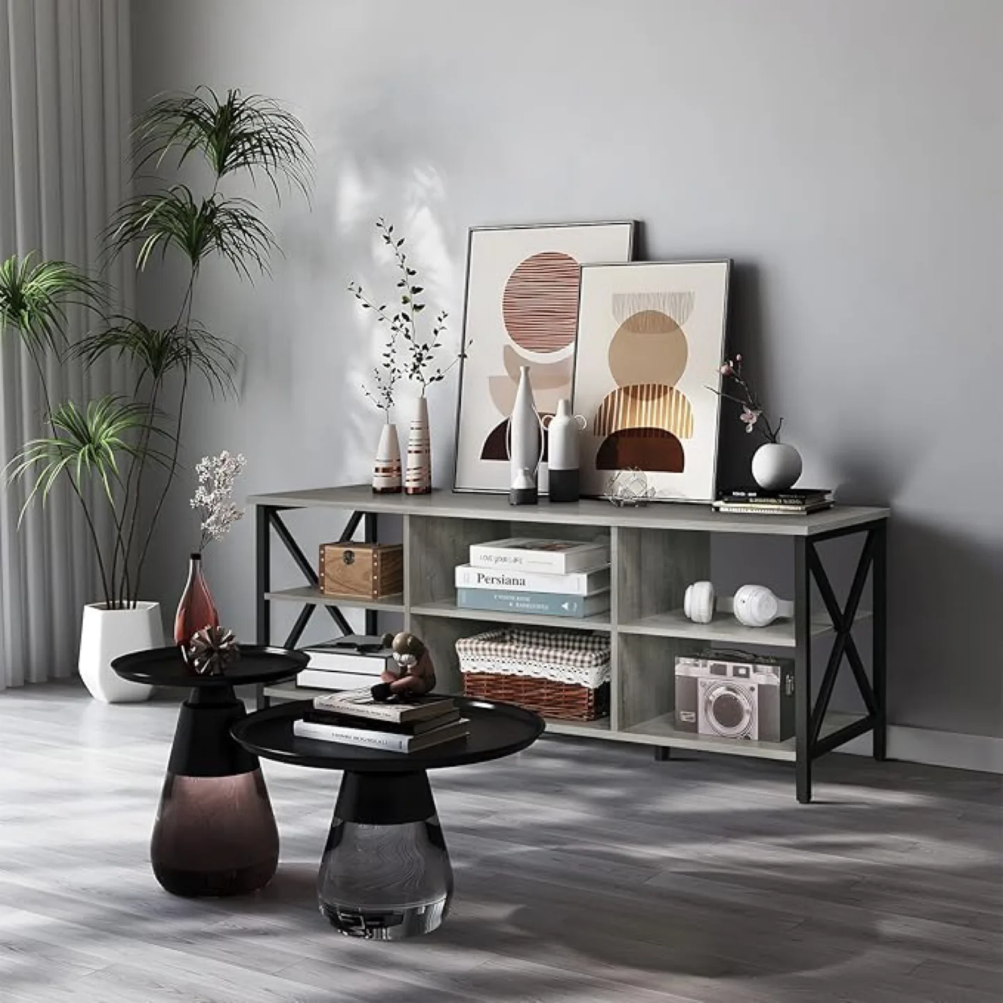 TV Stand – Modern 3-Tier, Rustic Grey with Open Shelving image indicator(7)