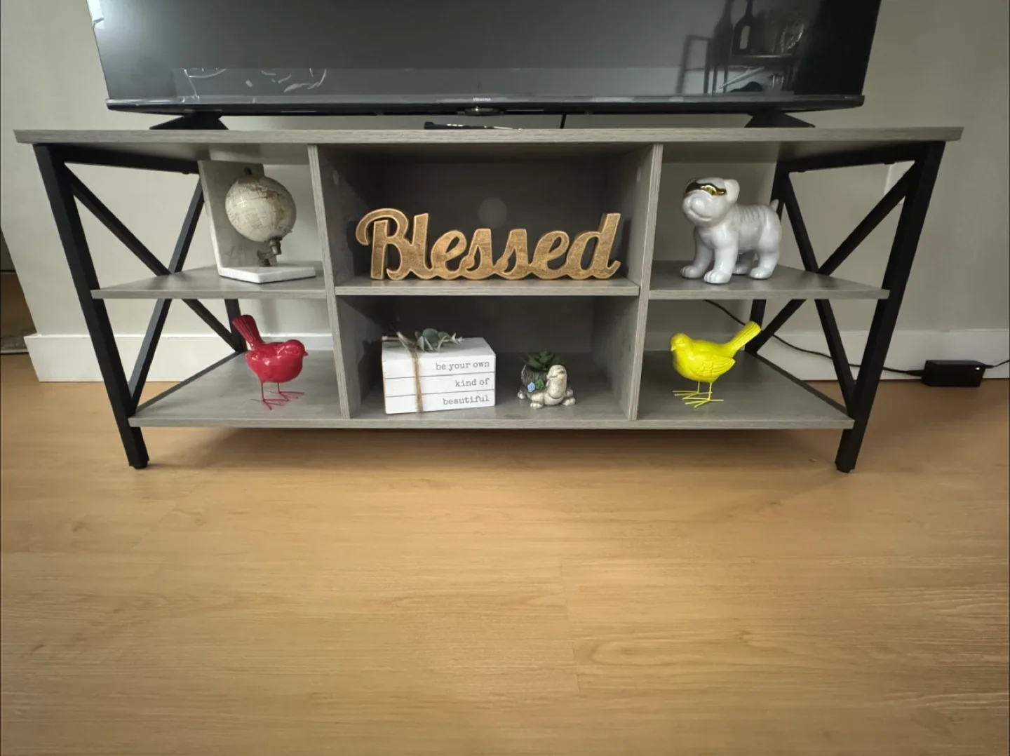 TV Stand – Modern 3-Tier, Rustic Grey with Open Shelving image indicator(4)