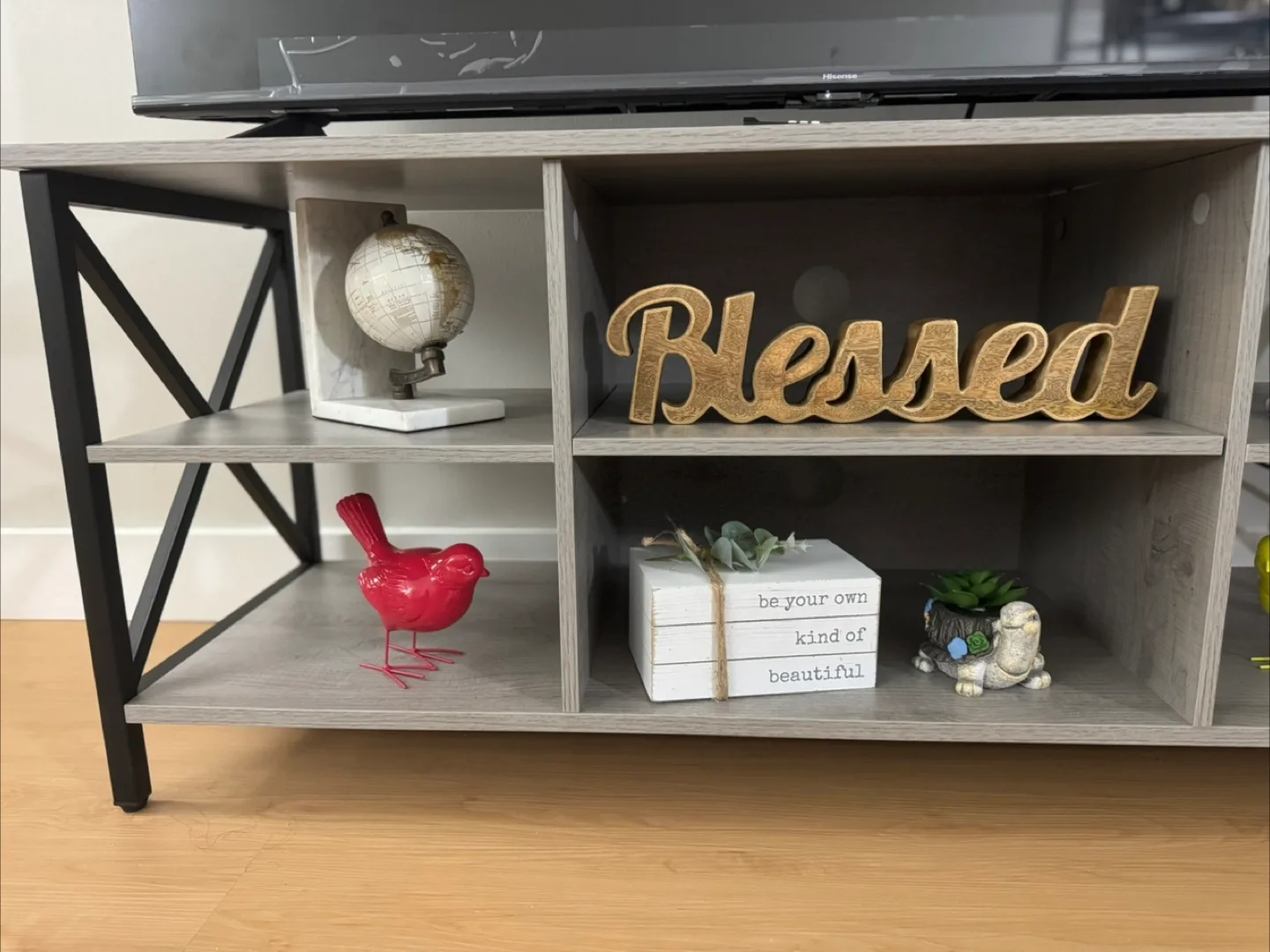 TV Stand – Modern 3-Tier, Rustic Grey with Open Shelving image indicator(6)