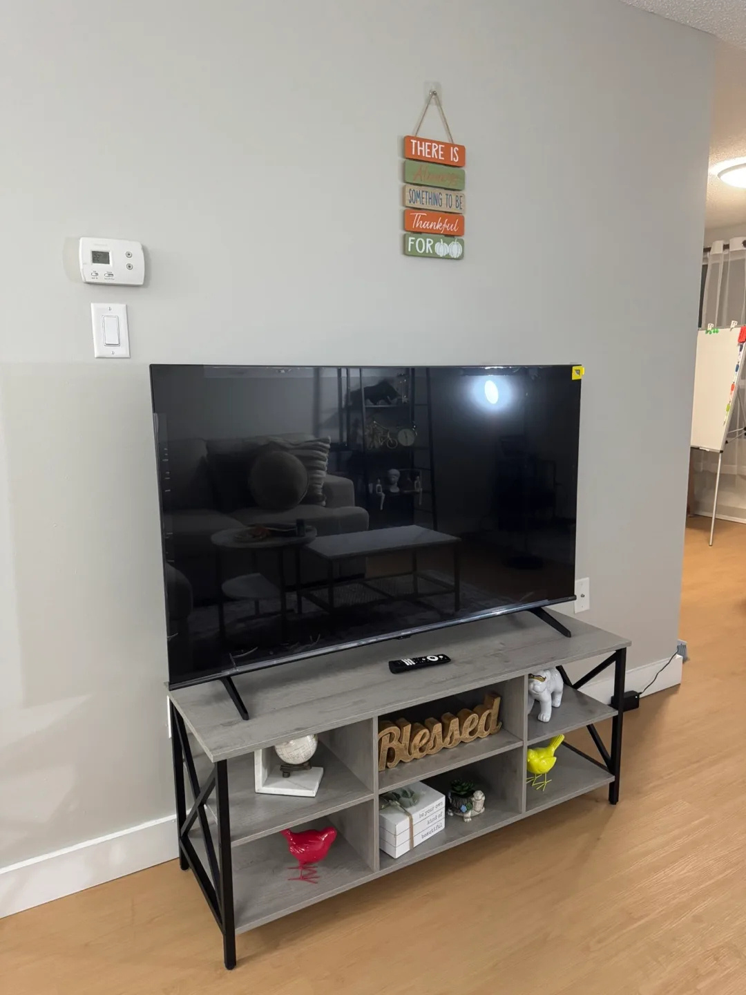 TV Stand – Modern 3-Tier, Rustic Grey with Open Shelving image indicator(8)