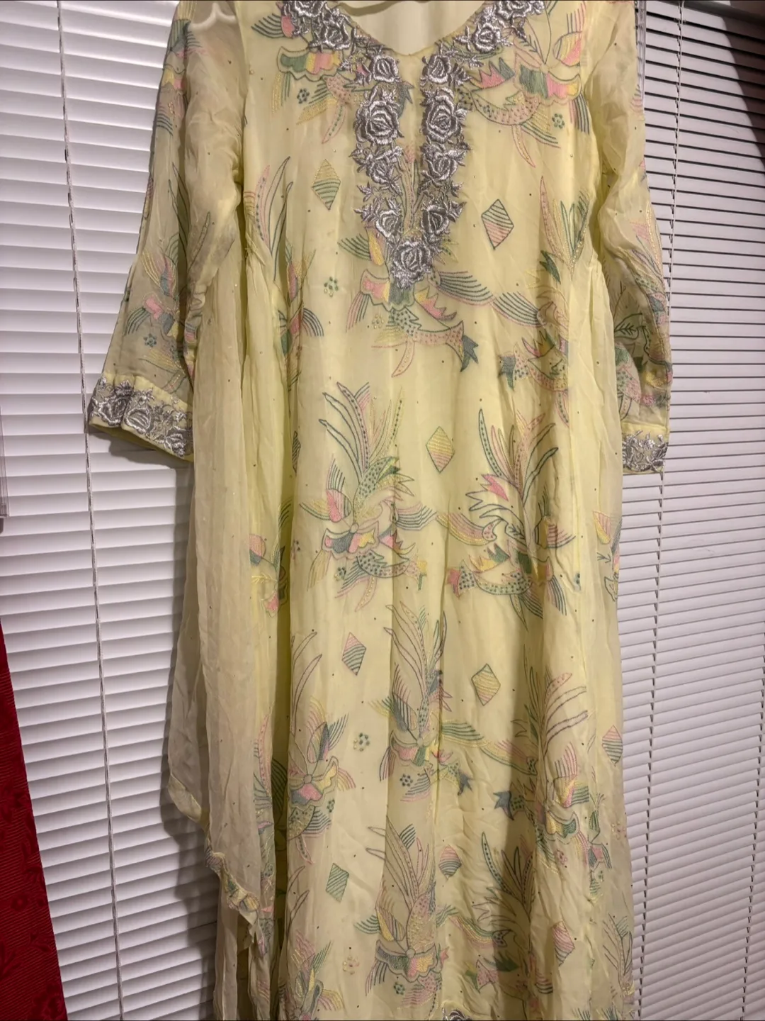 Yellow green floral dress with scarf thumbnail