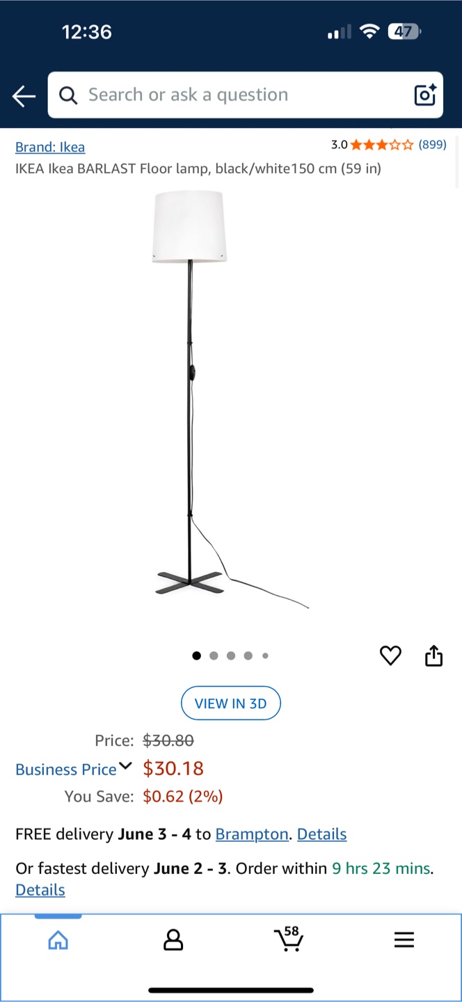 IKEA Ikea BARLAST Floor lamp, black/white150 cm (59 in) - photo 2
