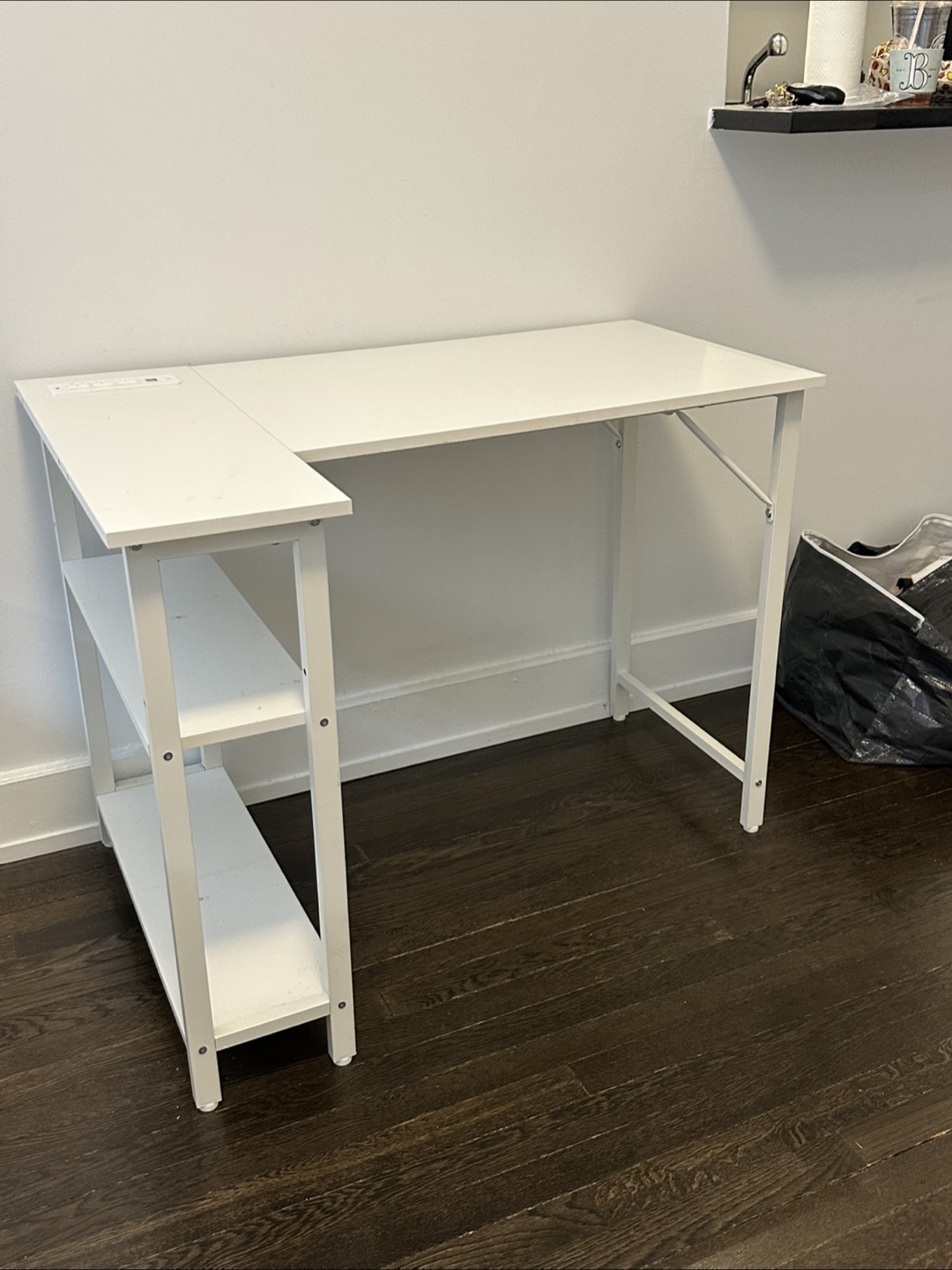 L shaped desk with power outlet shelves
