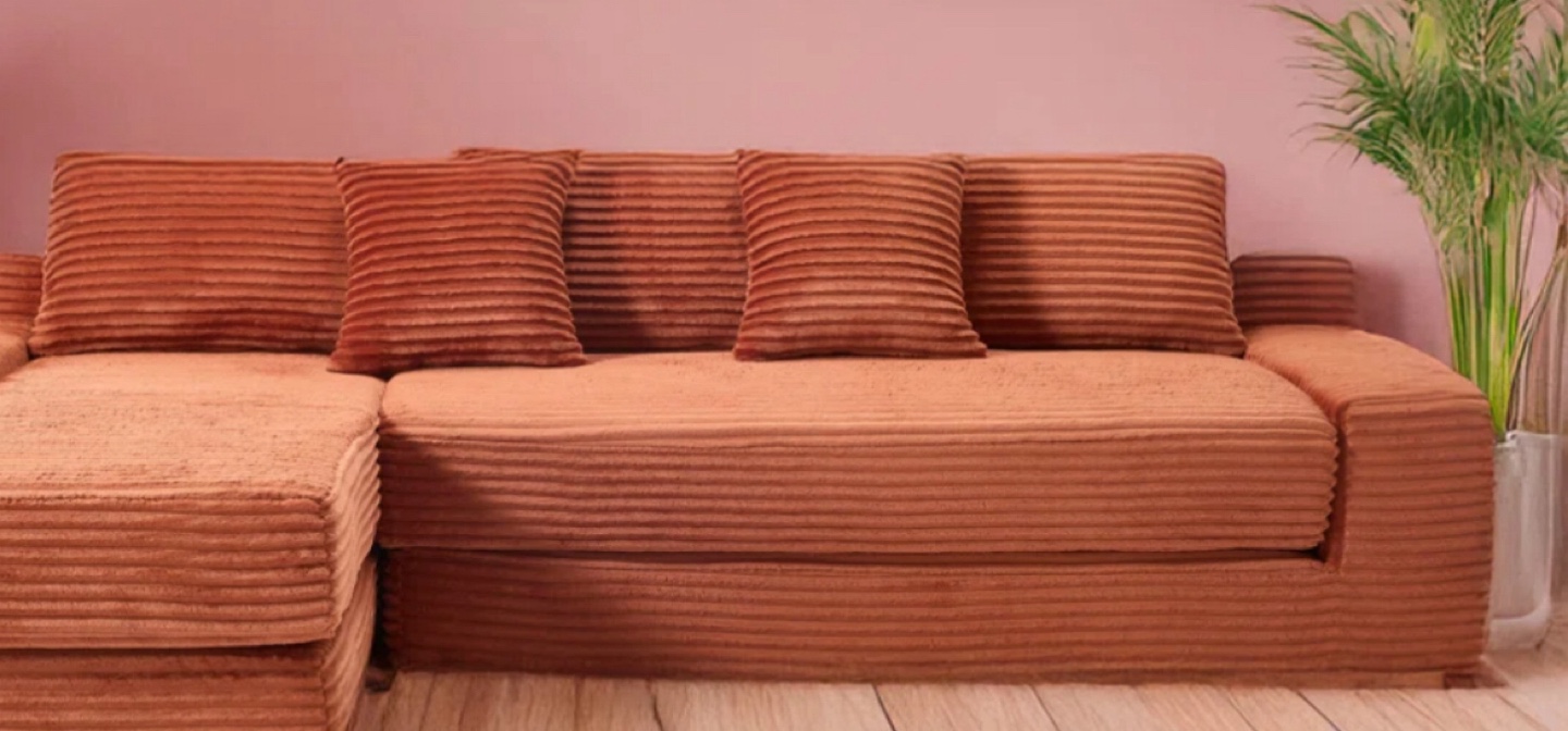 Corduroy Sectional Sofa with Pillows