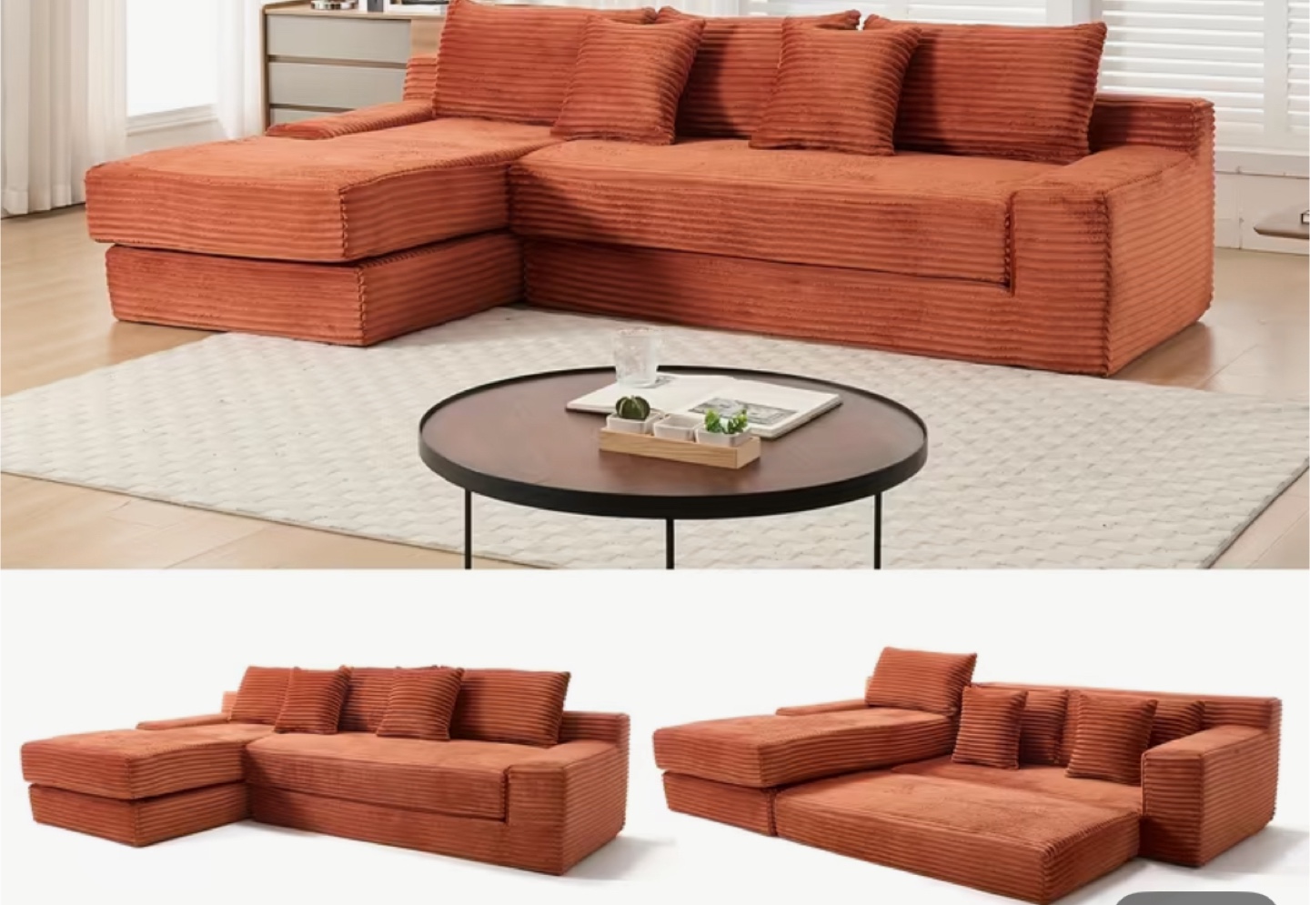 Corduroy Sectional Sofa with Pillows - photo 3