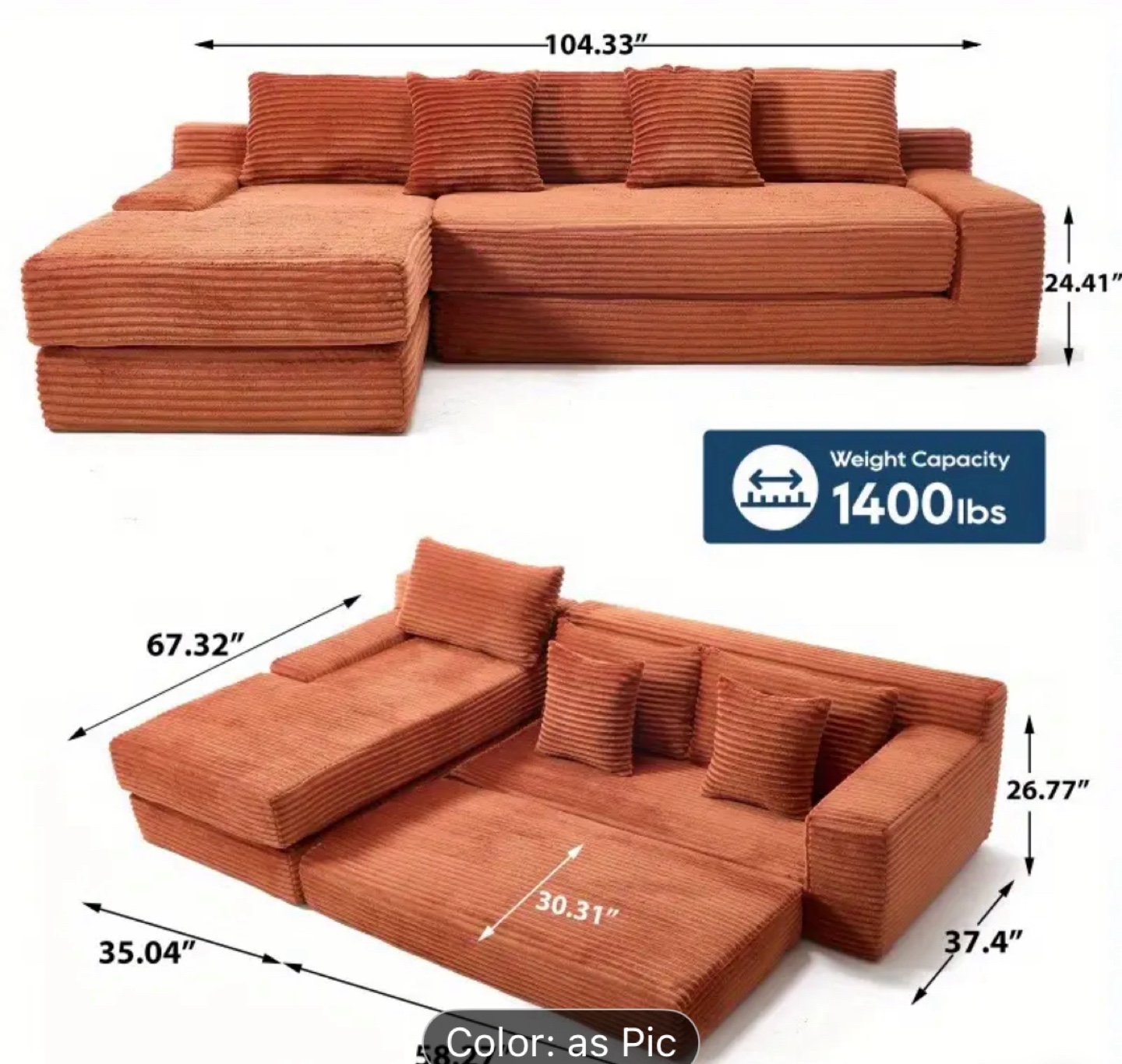 Corduroy Sectional Sofa with Pillows - photo 2