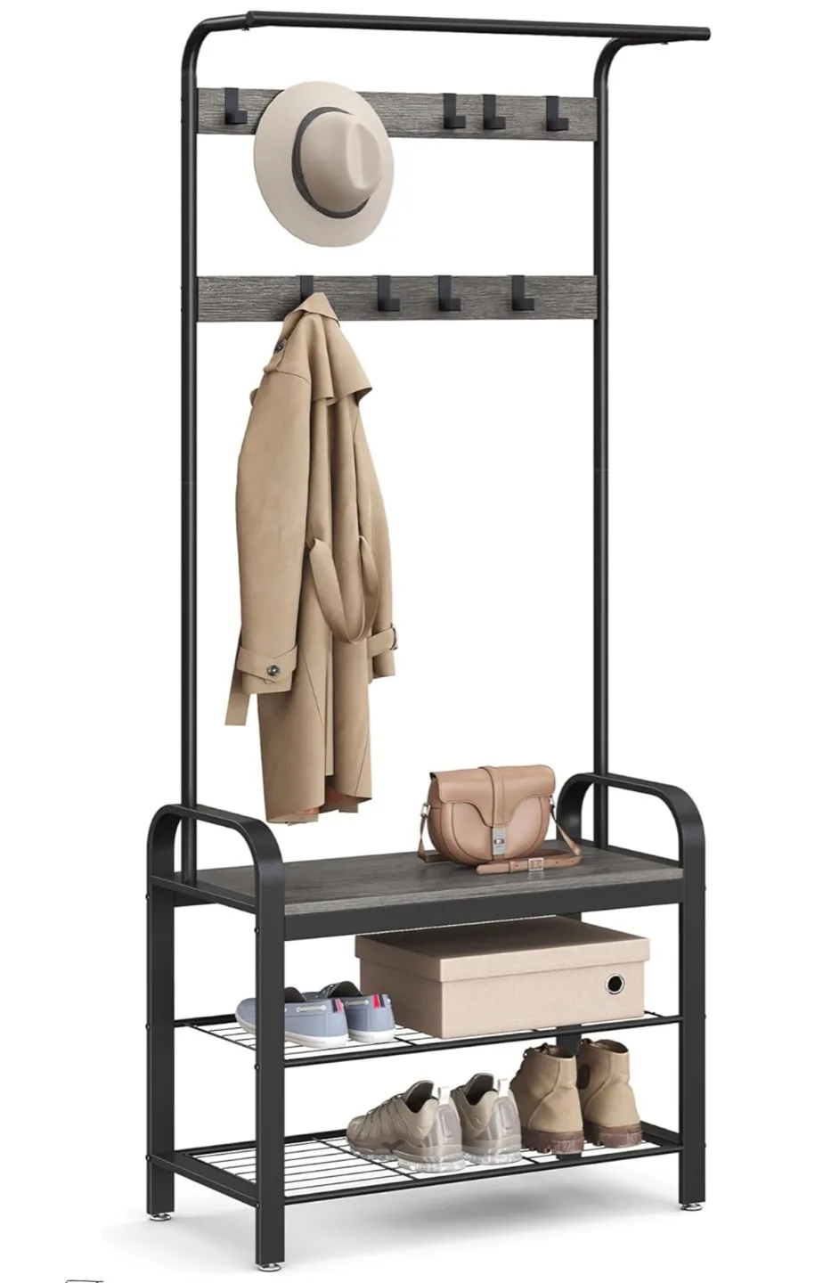 Entryway Shoe Organizer with Bench & Hooks – Coat hanging rod thumbnail
