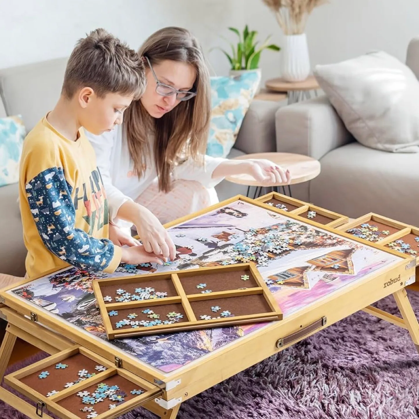 ROBUD 1500-Piece Puzzle Board, Wooden Puzzle Table with Cover image indicator(5)