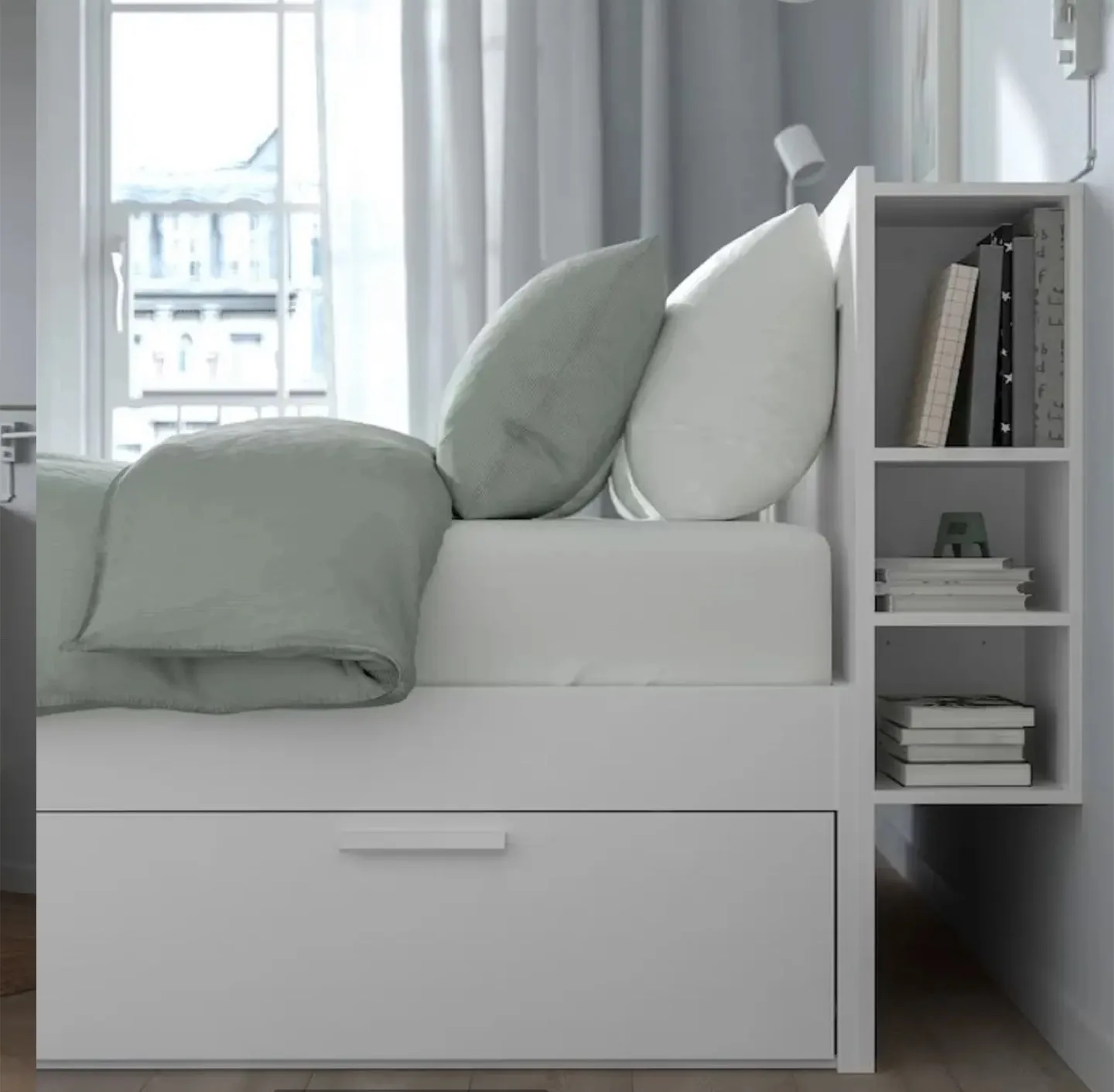 IKEA Queen Bed (storage & headboard) + IKEA Mattress, white thumbnail