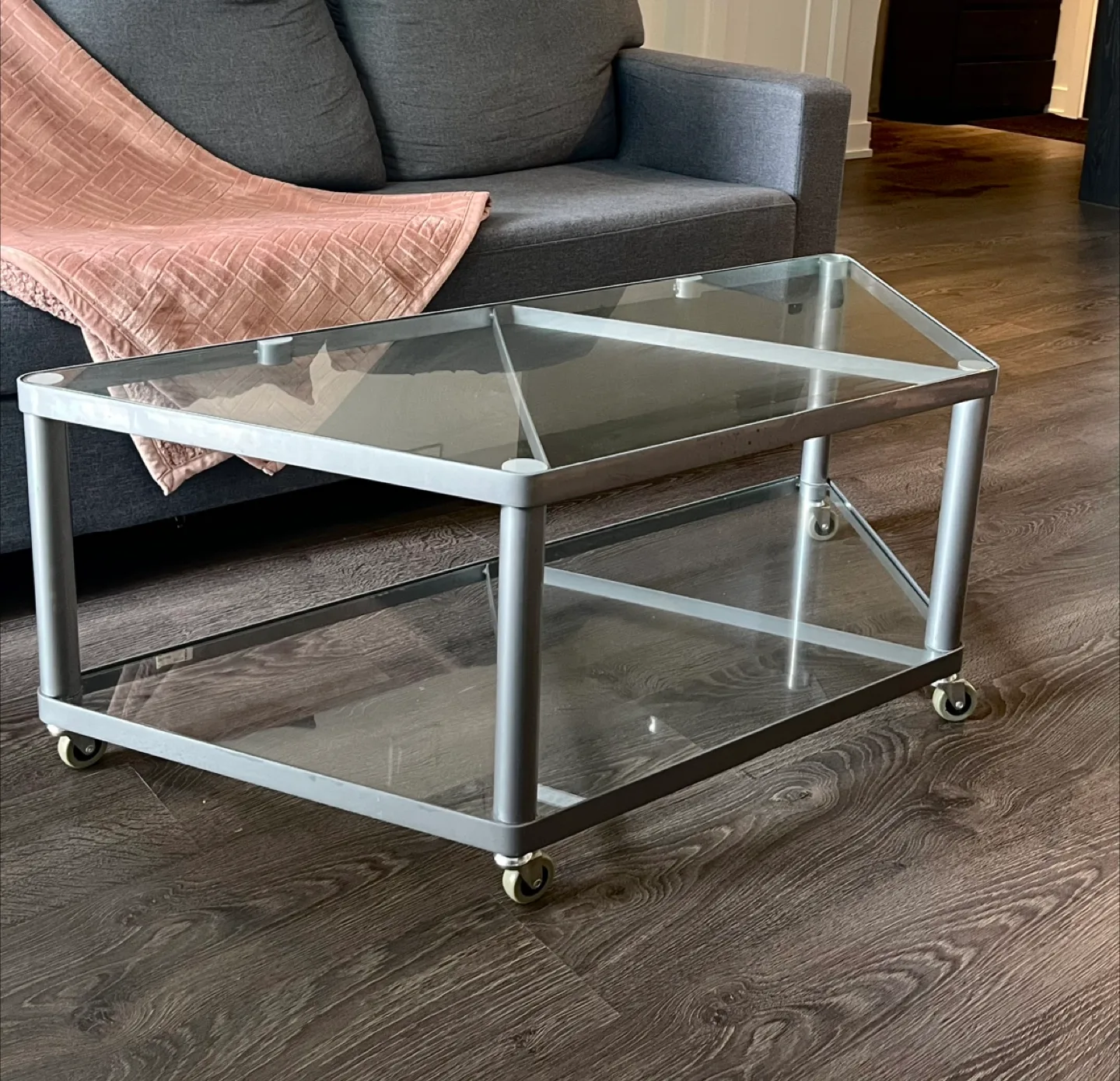 Glass coffee table with wheels thumbnail