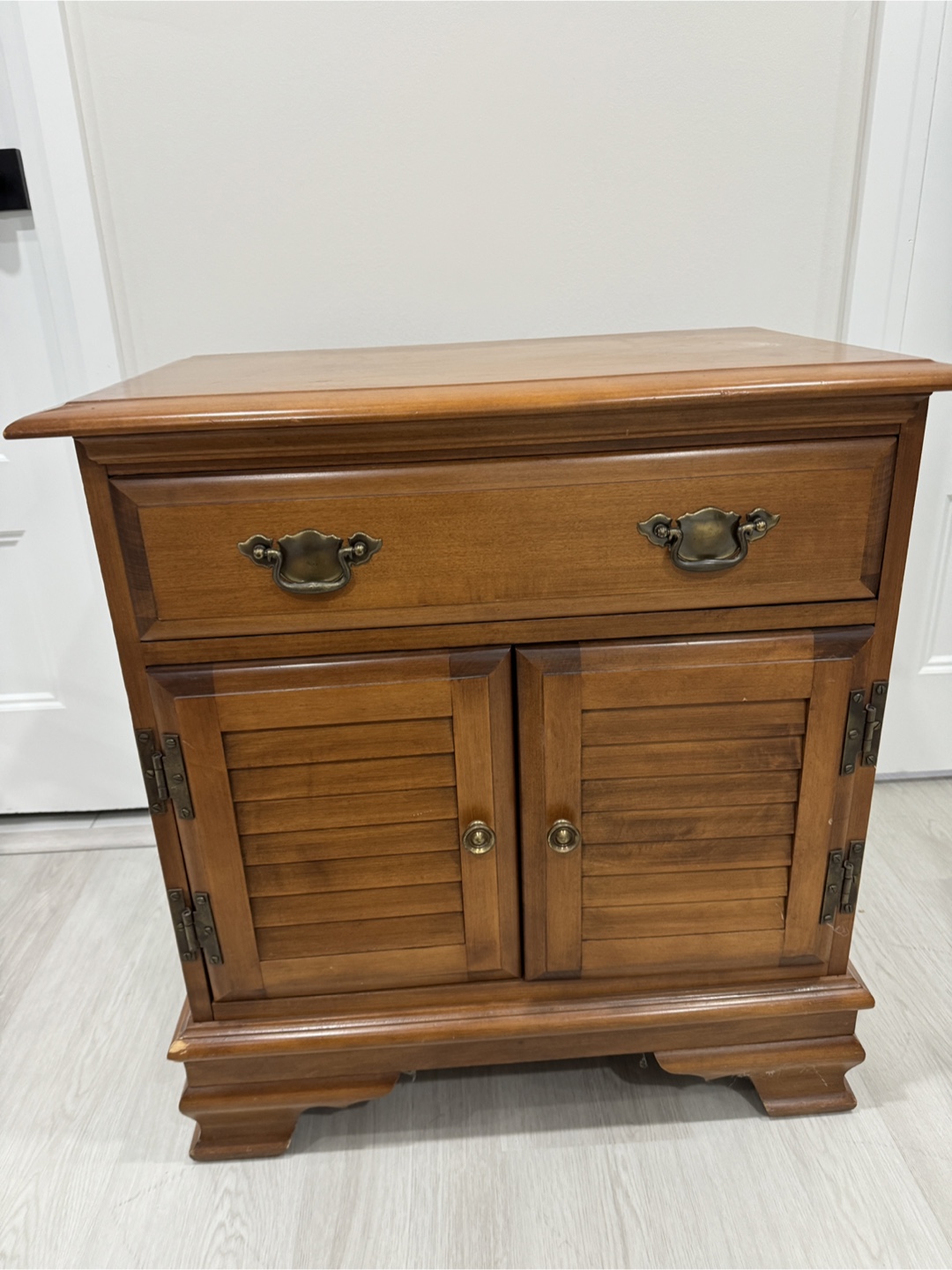 Vintage Wooden Nightstand with Drawer and Doors