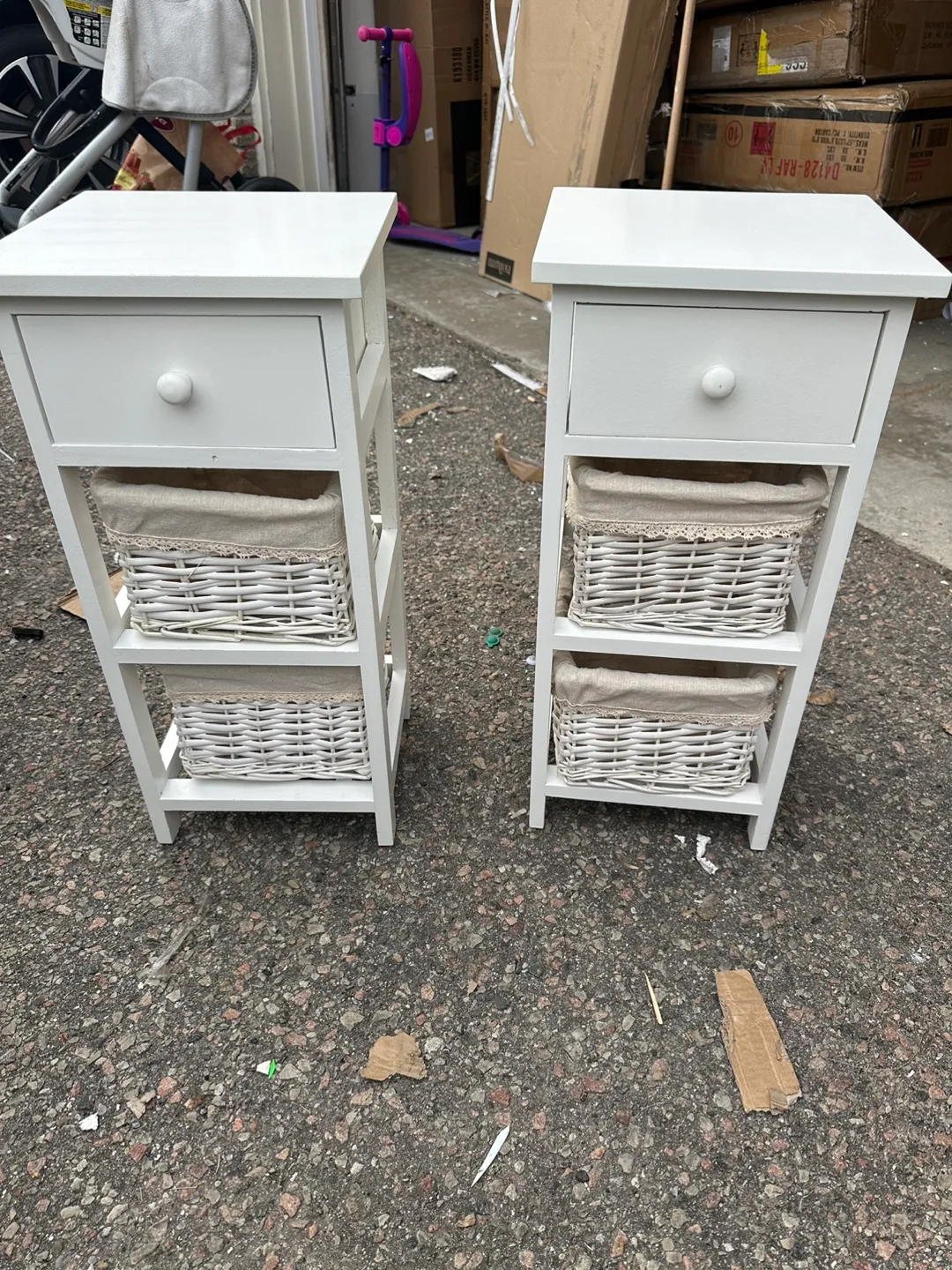 White Nightstands with Drawers and Baskets thumbnail
