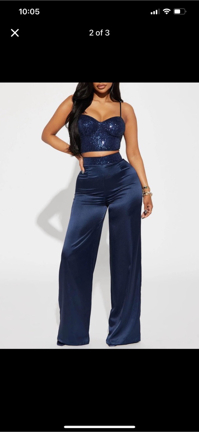 Navy blue sequin crop top and pants set - photo 3