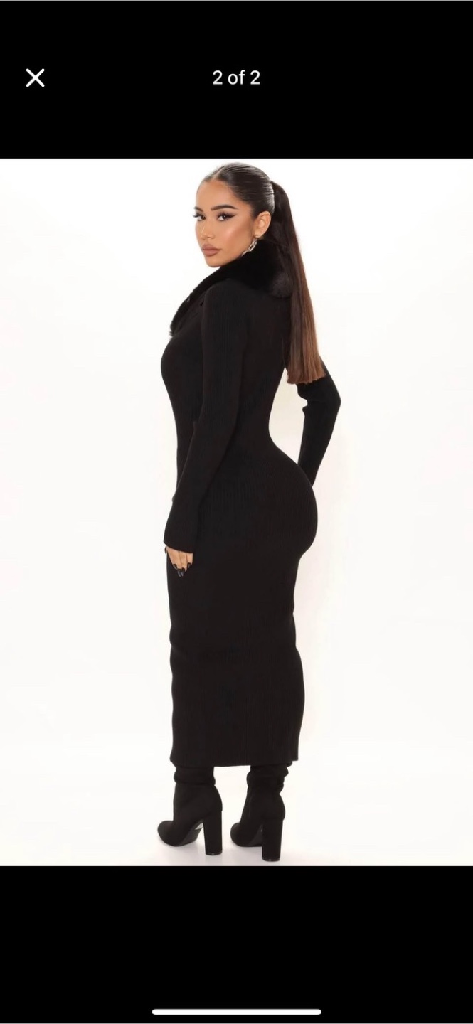 Long Black Knit Dress with Fur Collar - photo 2