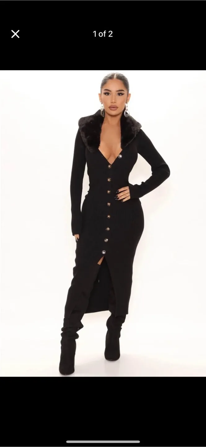 Long Black Knit Dress with Fur Collar thumbnail