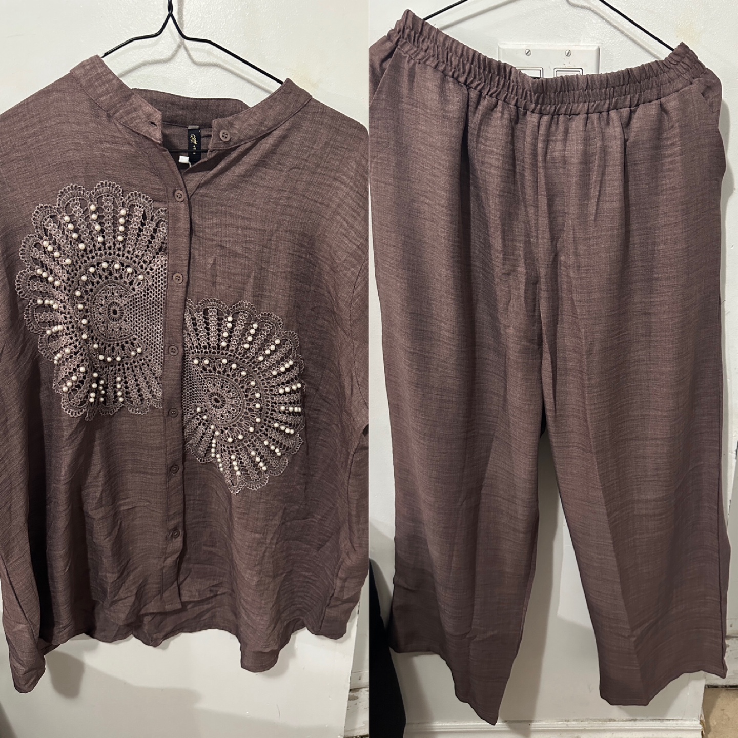 Brown 2-Piece Blouse and Pants Set