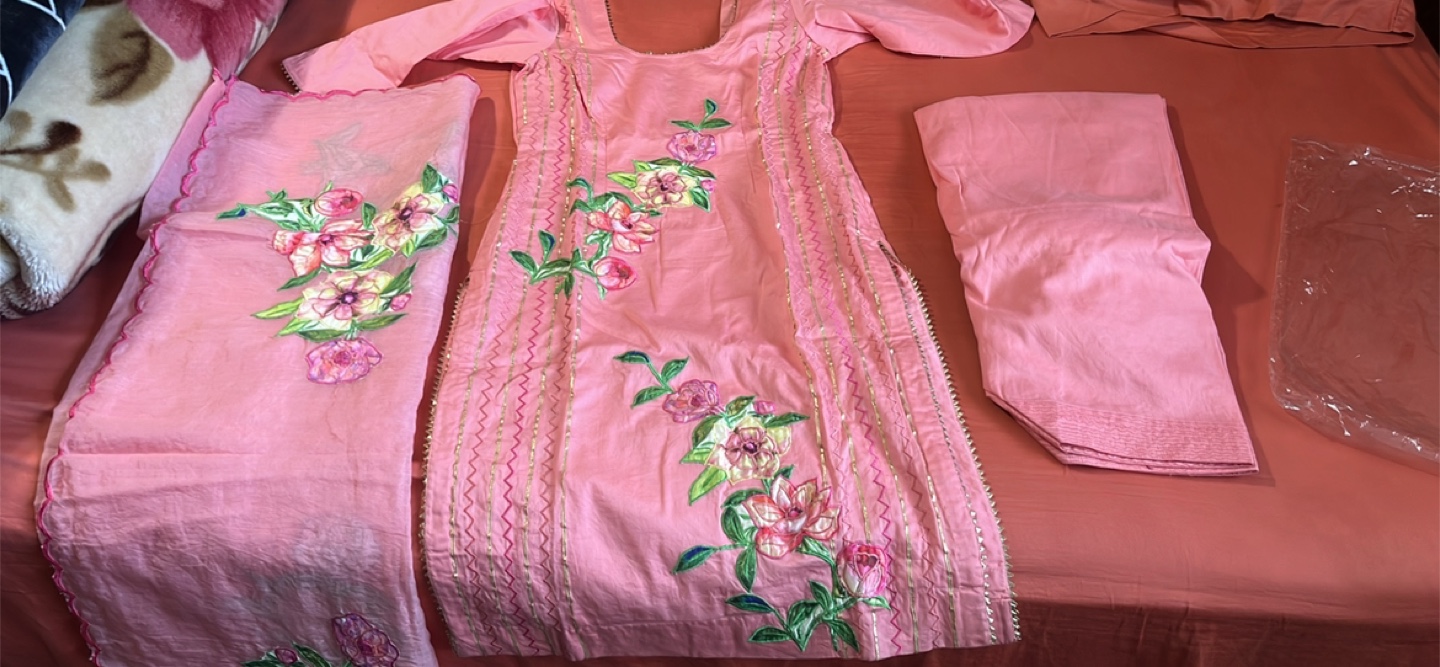 3piece panjabi  suit Pink floral embroidered
