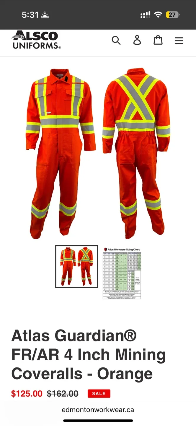 Atlas Guardian® Workwear FR/AR 4 Inch Mining Coveralls - Orange image indicator(8)