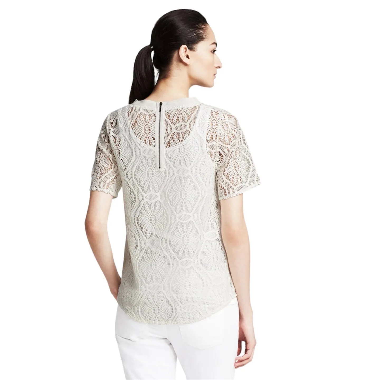 Banana Republic White Lace Shirttail Top Size S Petite image indicator(2)