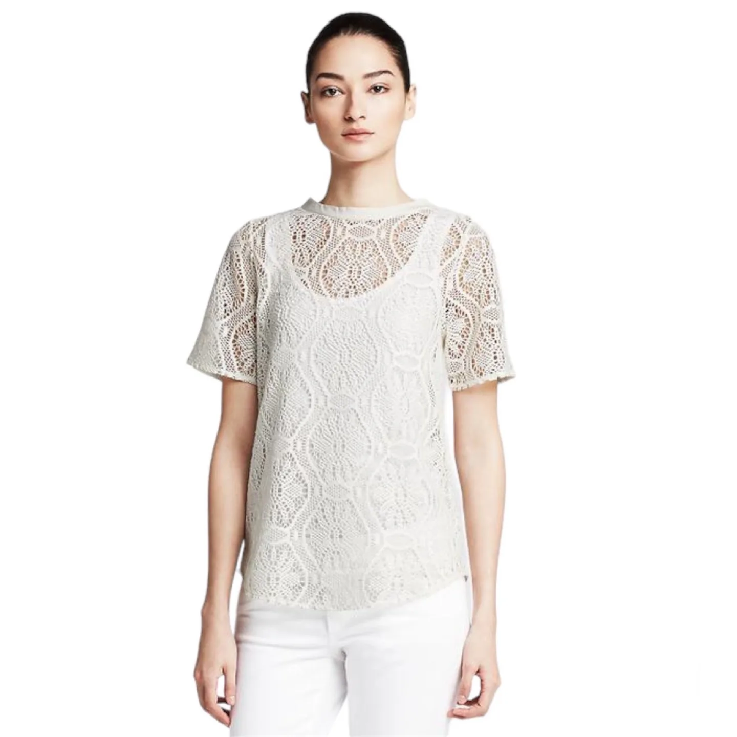 Banana Republic White Lace Shirttail Top Size S Petite thumbnail