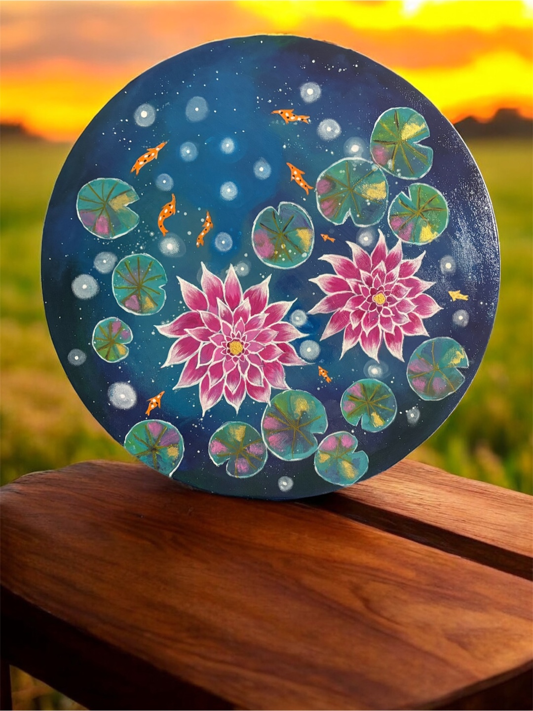 Hand-painted Round Art - Lotus Pond