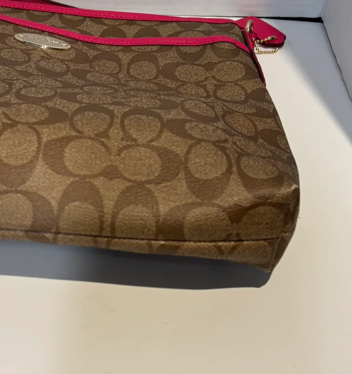 Coach Signature Crossbody Bag Tan/ Pink - Wear On Bottom Corners image indicator(6)