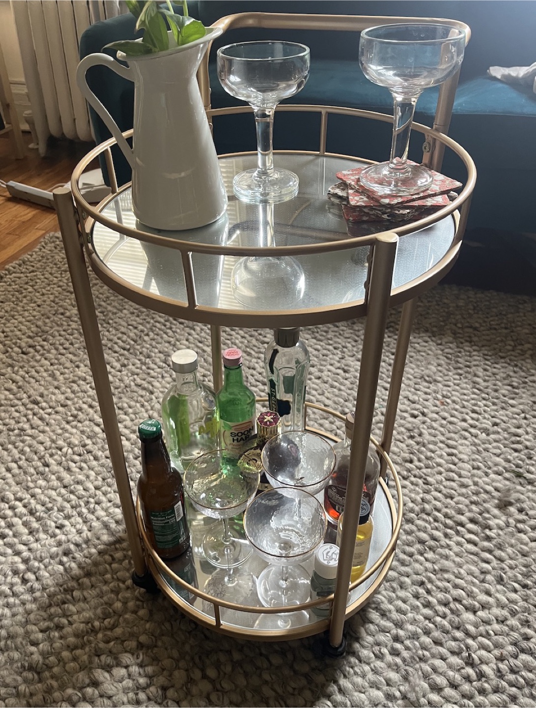 Gold Two-Tier Rolling Bar Cart