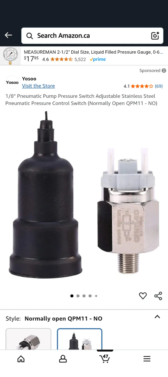 1/8" Pneumatic Pump Pressure Switch - Adjustable Stainless Steel image indicator(2)