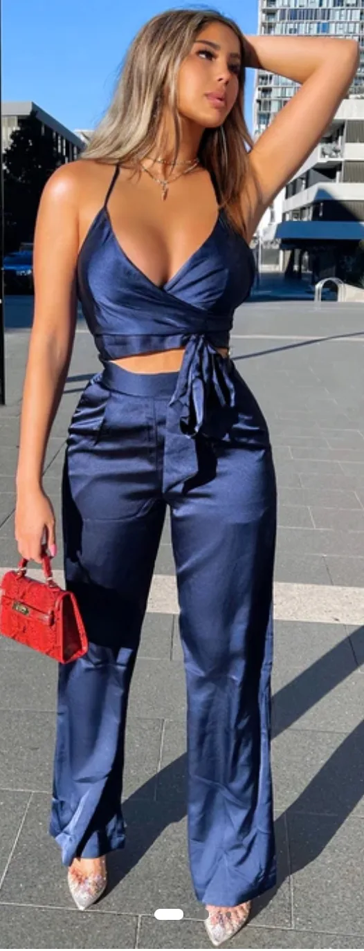 Navy Blue Satin Two-Piece Set *never worn* thumbnail