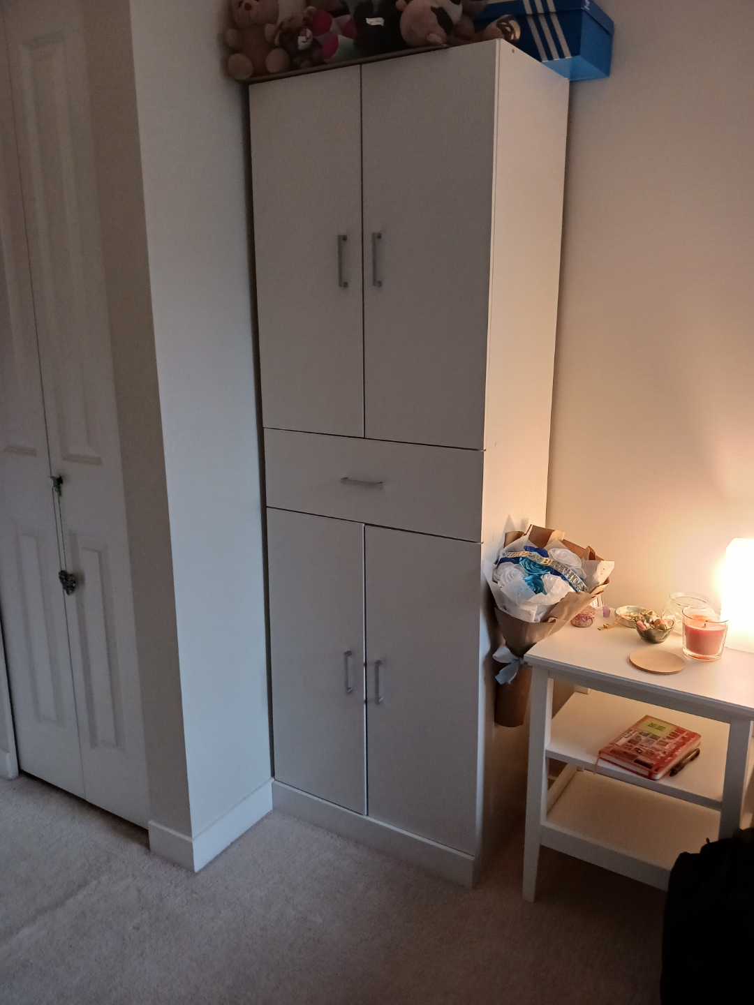 Sauder Tall White Wardrobe with Shelves and Drawer