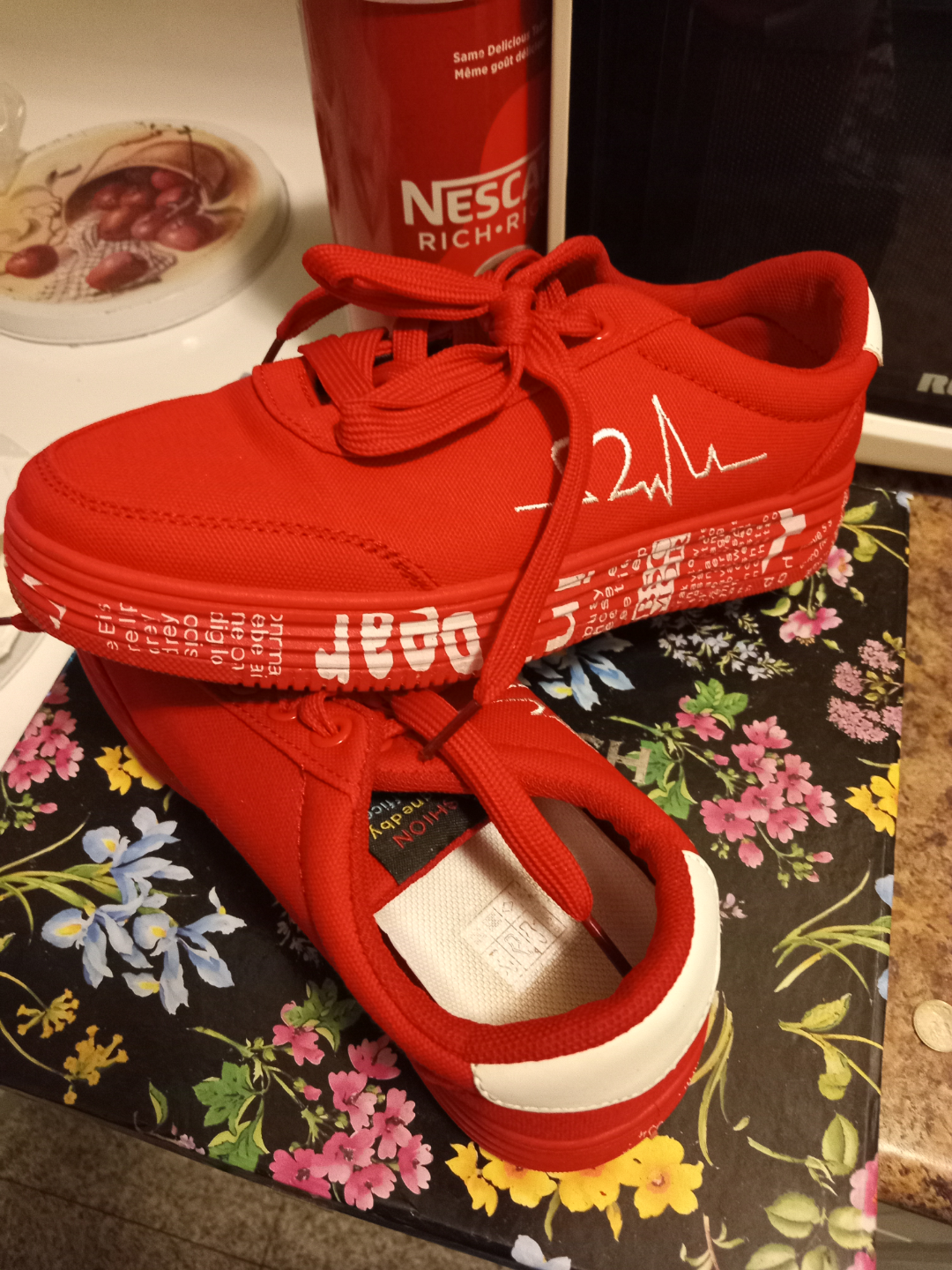 Red Canvas Sneakers with Heartbeat Graphic