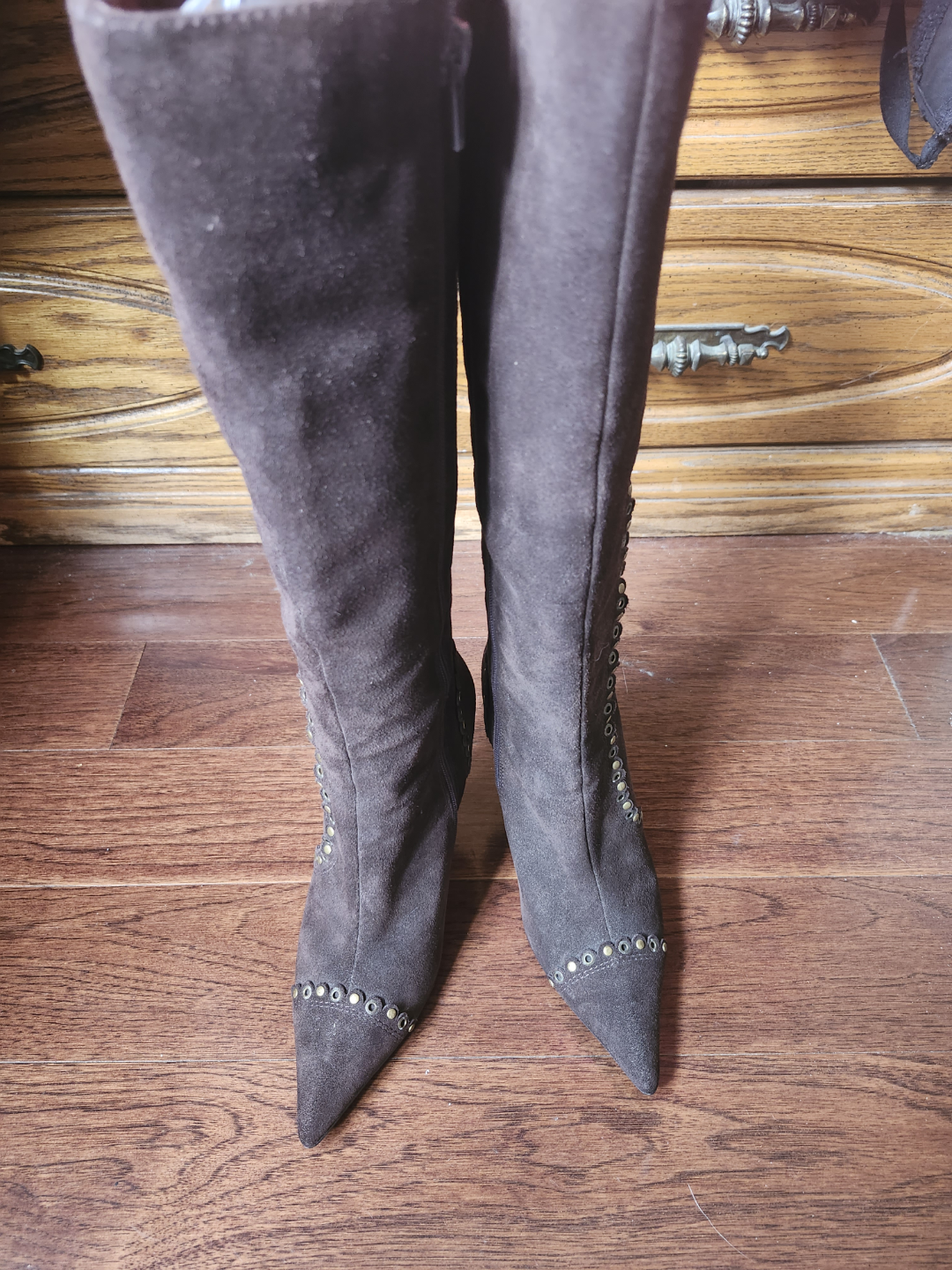 Brown Suede Knee-High Boots with Studs