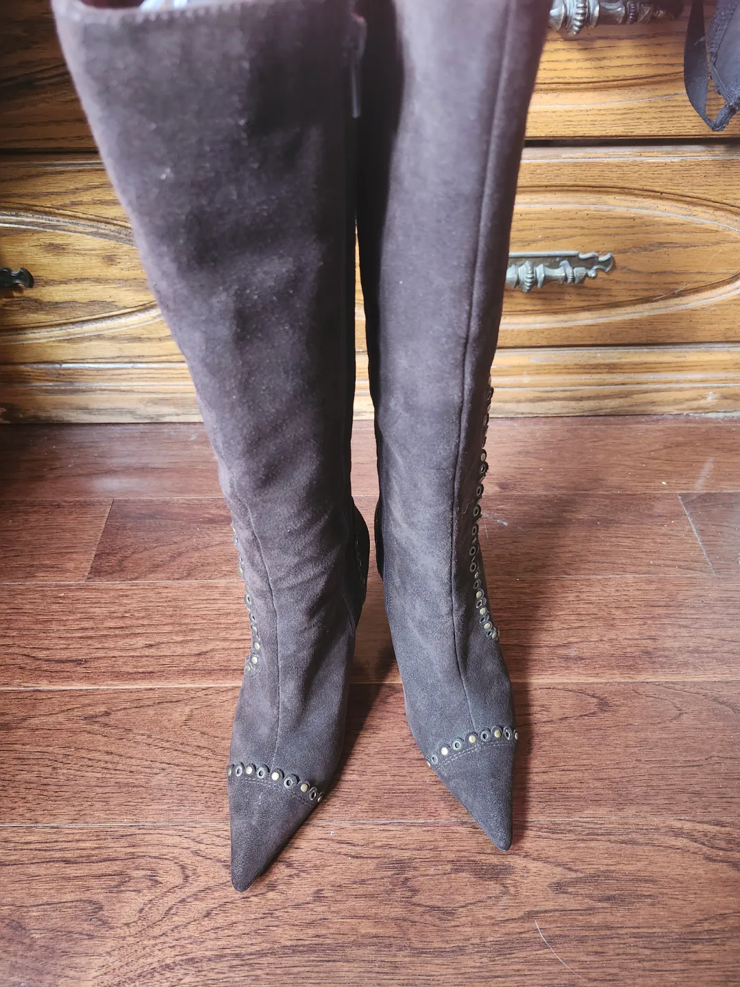 Brown Suede Knee-High Boots with Studs thumbnail