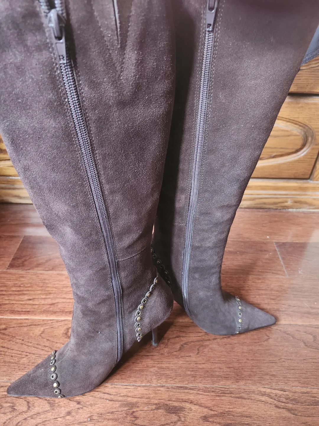 Brown Suede Knee-High Boots with Studs image indicator(2)