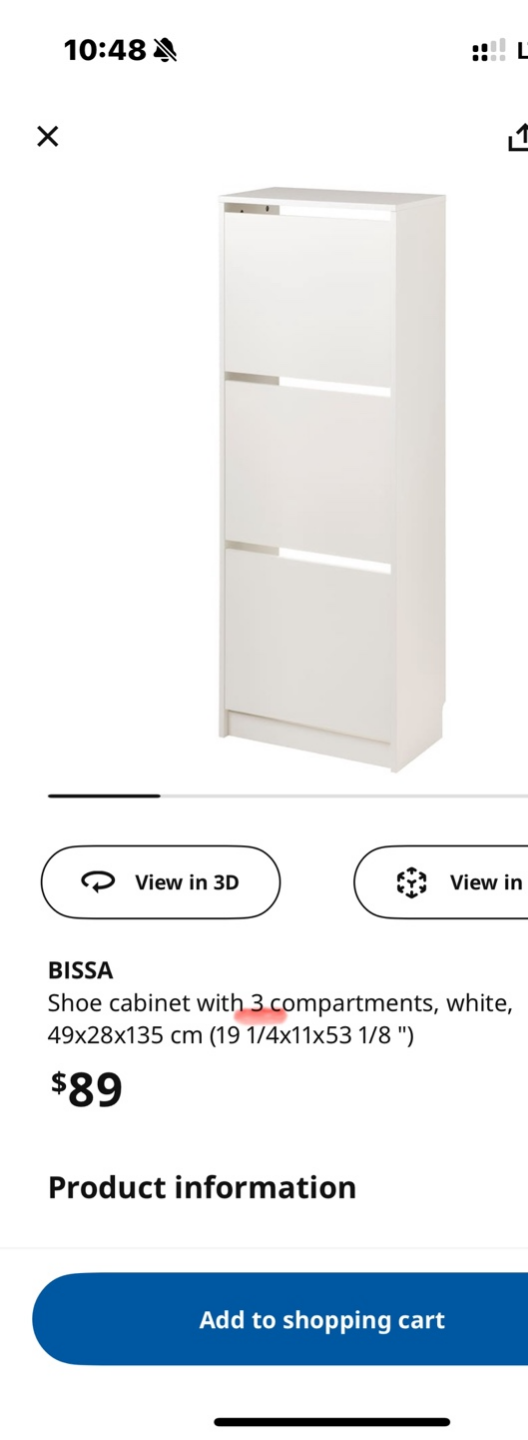 BISSA Shoe Cabinet - White - 3 Compartments