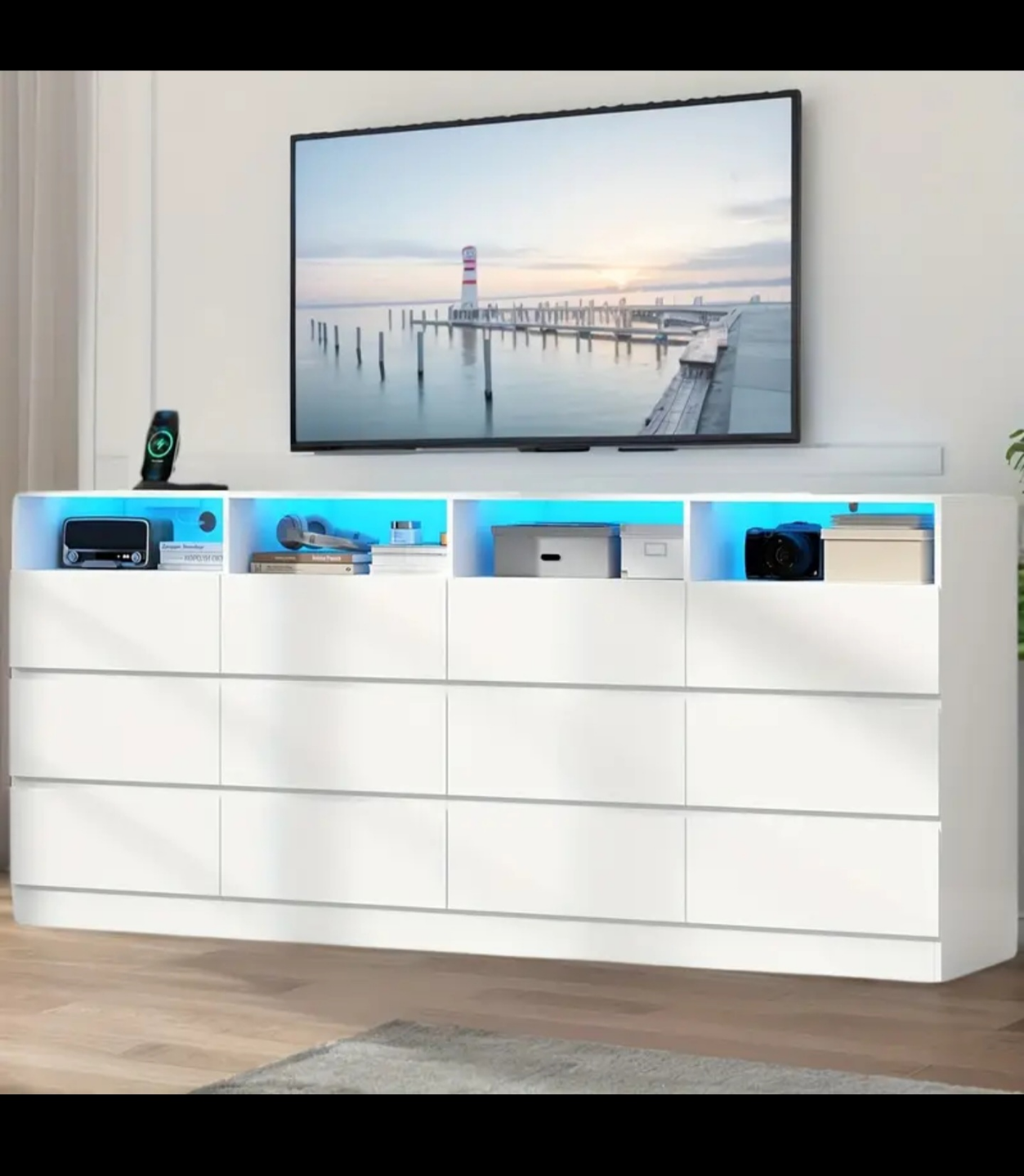 Modern White TV Stand with 12 Drawers and RGB LED Lights