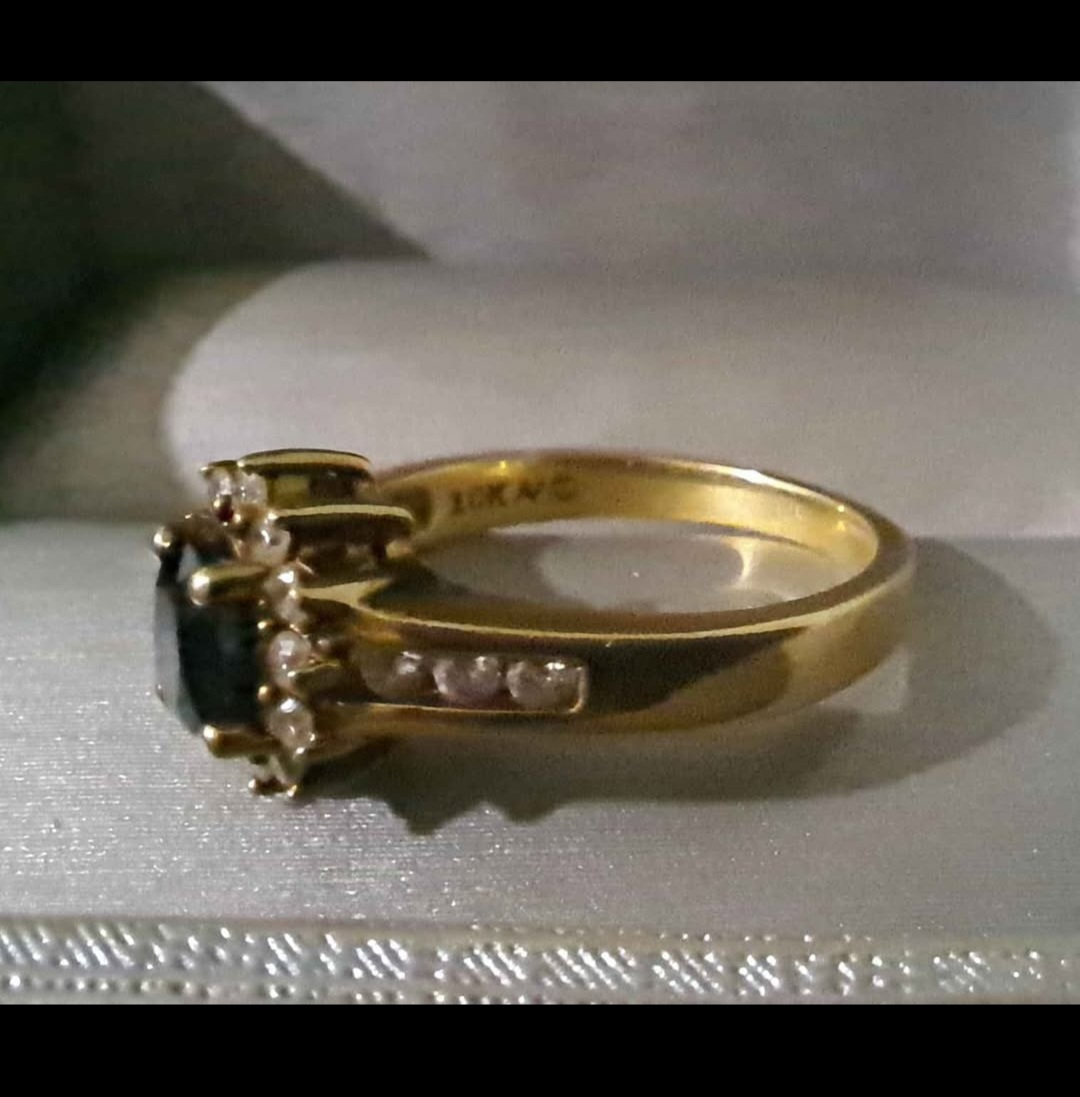 10K Yellow Gold - Diamond Blue Sapphire Ladies Double Halo Ring - photo 4