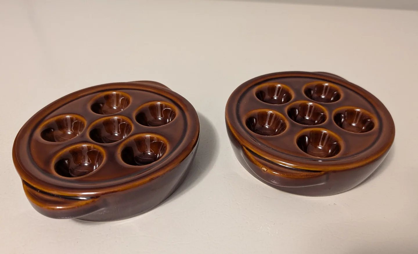 Set of Two Brown Ceramic Escargot Dishes
